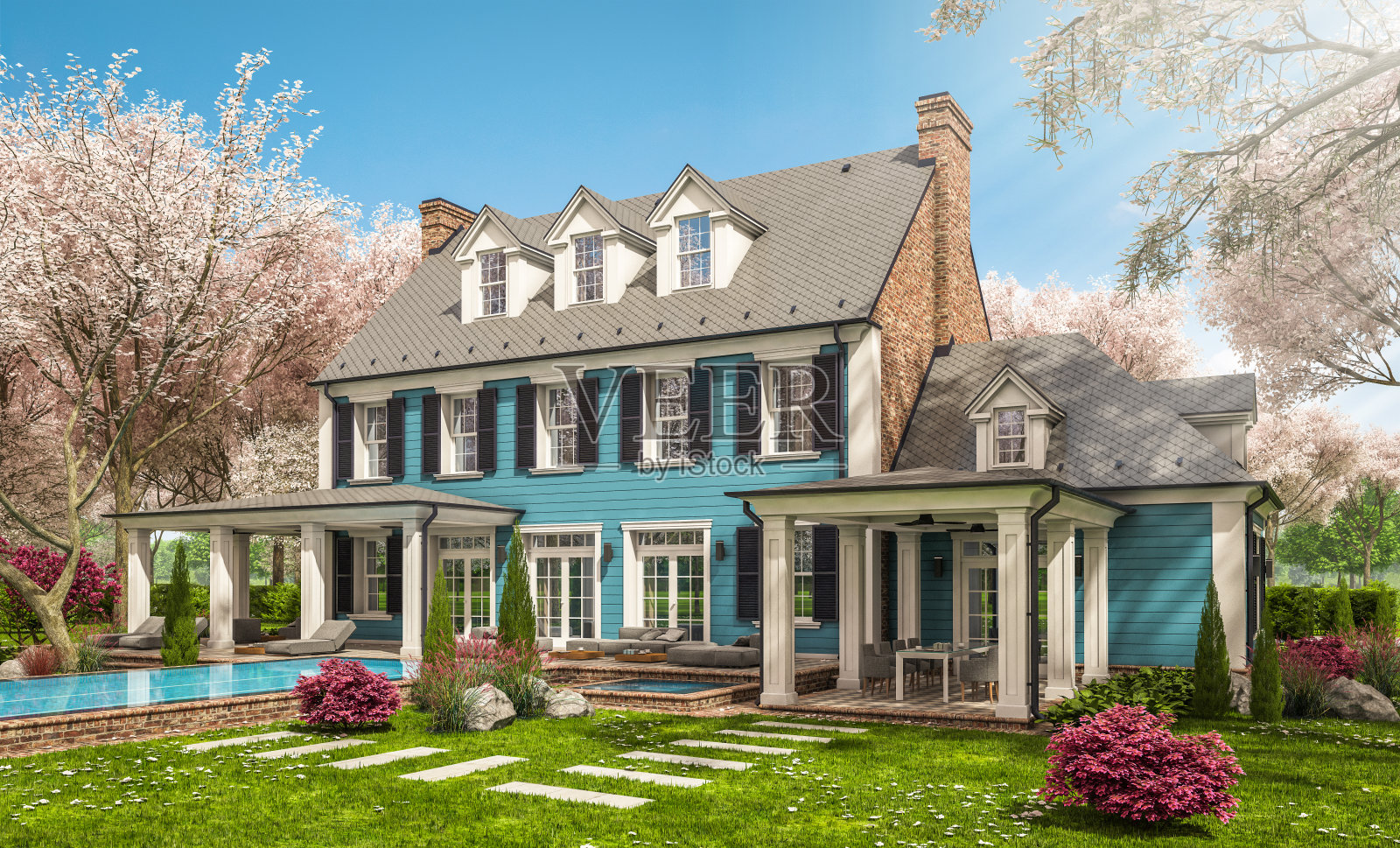 3D渲染：殖民风格的现代经典住宅，春日景色照片摄影图片