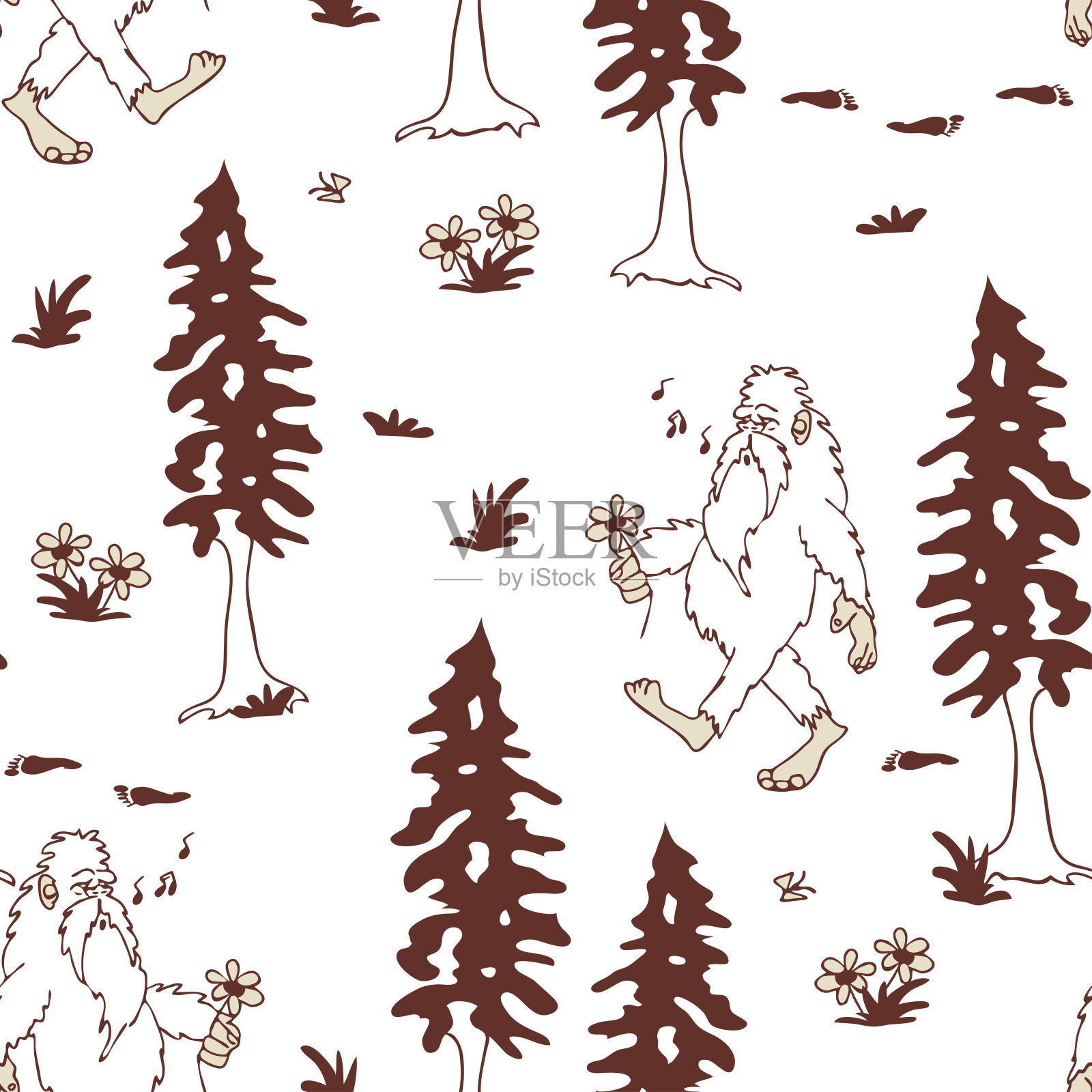 重复矢量模式与手绘大脚在白色的背景。简单的神秘森林墙纸设计。传奇生物时尚纺织品。插画图片素材