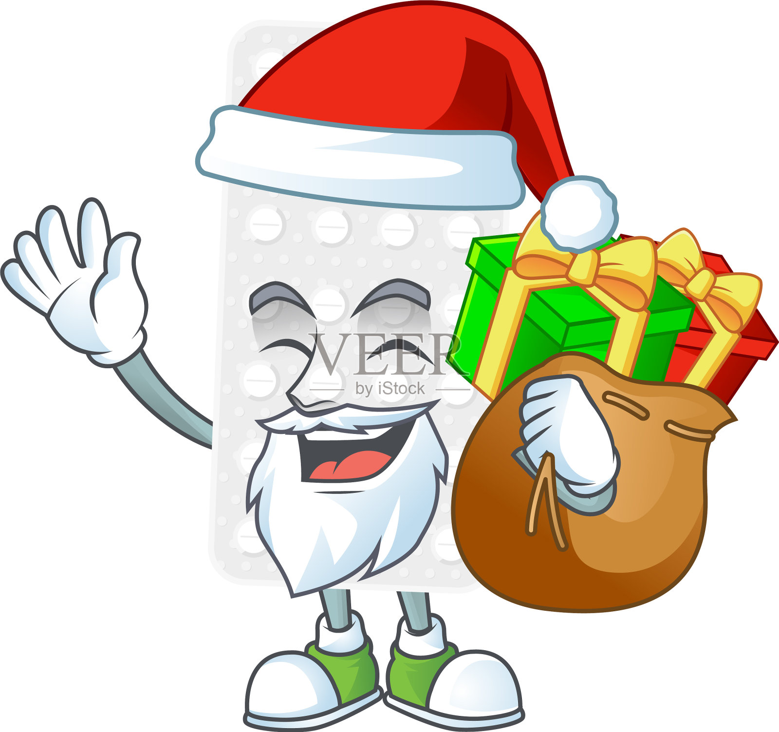 圣诞老人用麻袋给卡通人物送礼物插画图片素材
