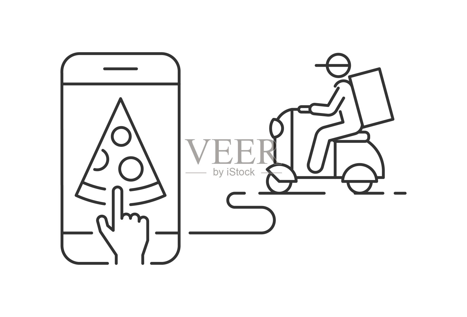 快速送货披萨由摩托车在手机线性插图设计元素图片