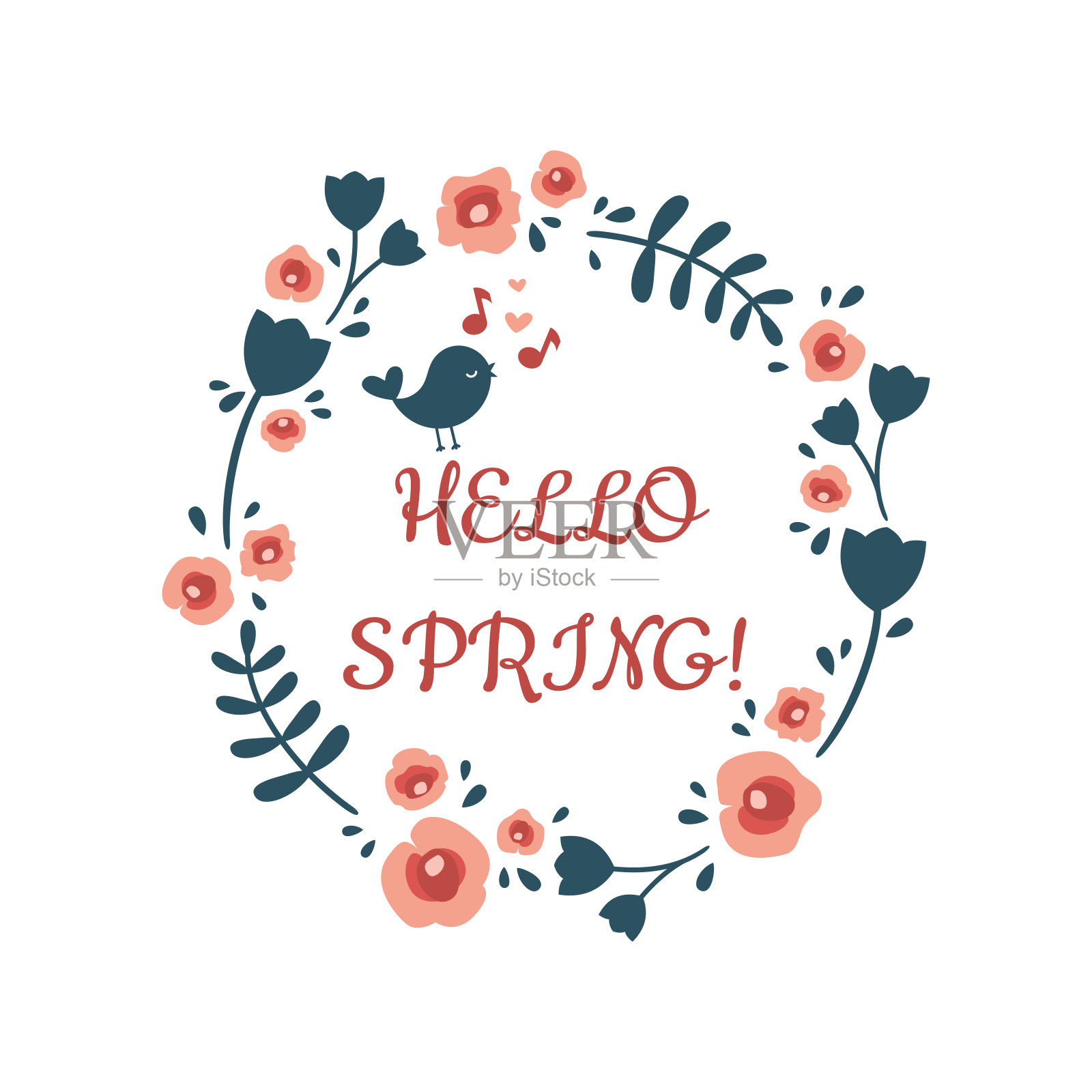 你好春天刻字花卉古董架插画图片素材