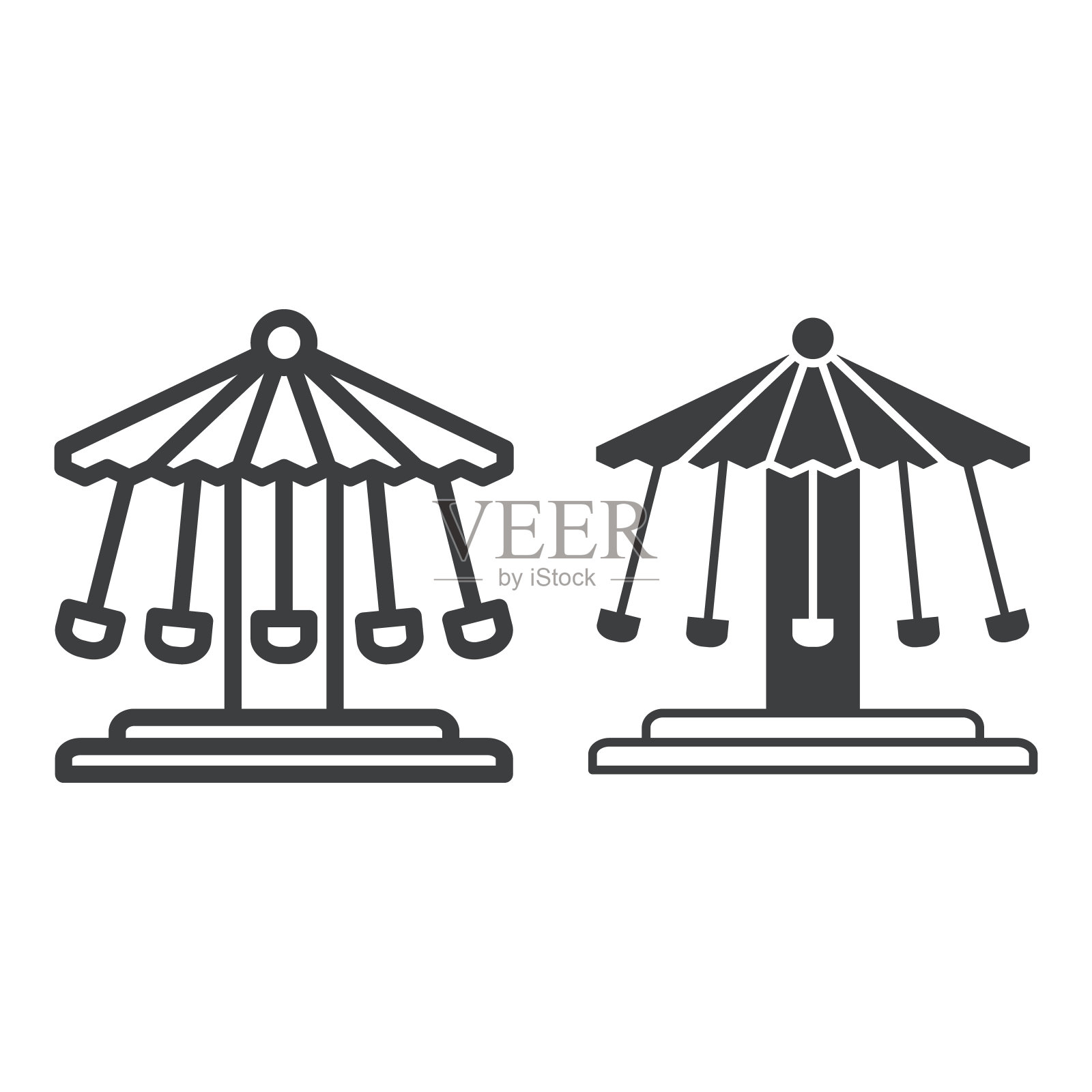 连锁旋转木马线和固体图标，游乐设施的概念，嘉年华秋千骑标志上的白色背景，椅子秋千骑图标在轮廓风格的移动和网页设计。矢量图形。插画图片素材