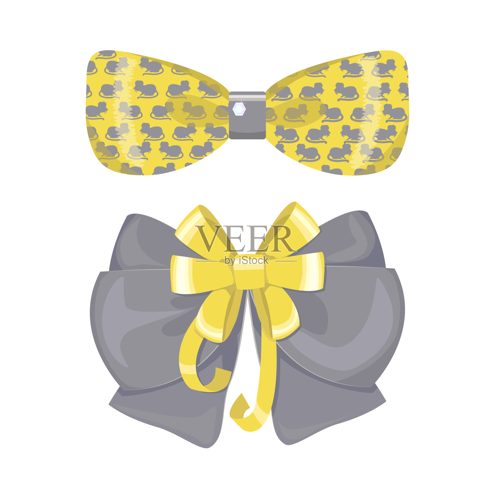 一套灰色和黄色的装饰蝴蝶结，不同的纹理和设计。用于贴纸、标签或明信片的设计元素的集合矢量插图孤立在白色背景上设计元素图片