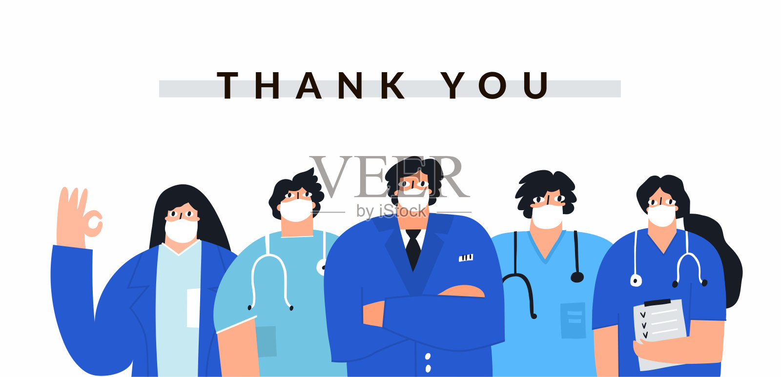 感谢医护人员横幅模板。手绘的一组医生和护士被隔离在白色背景上。医护人员戴口罩。医院英雄矢量插图插画图片素材