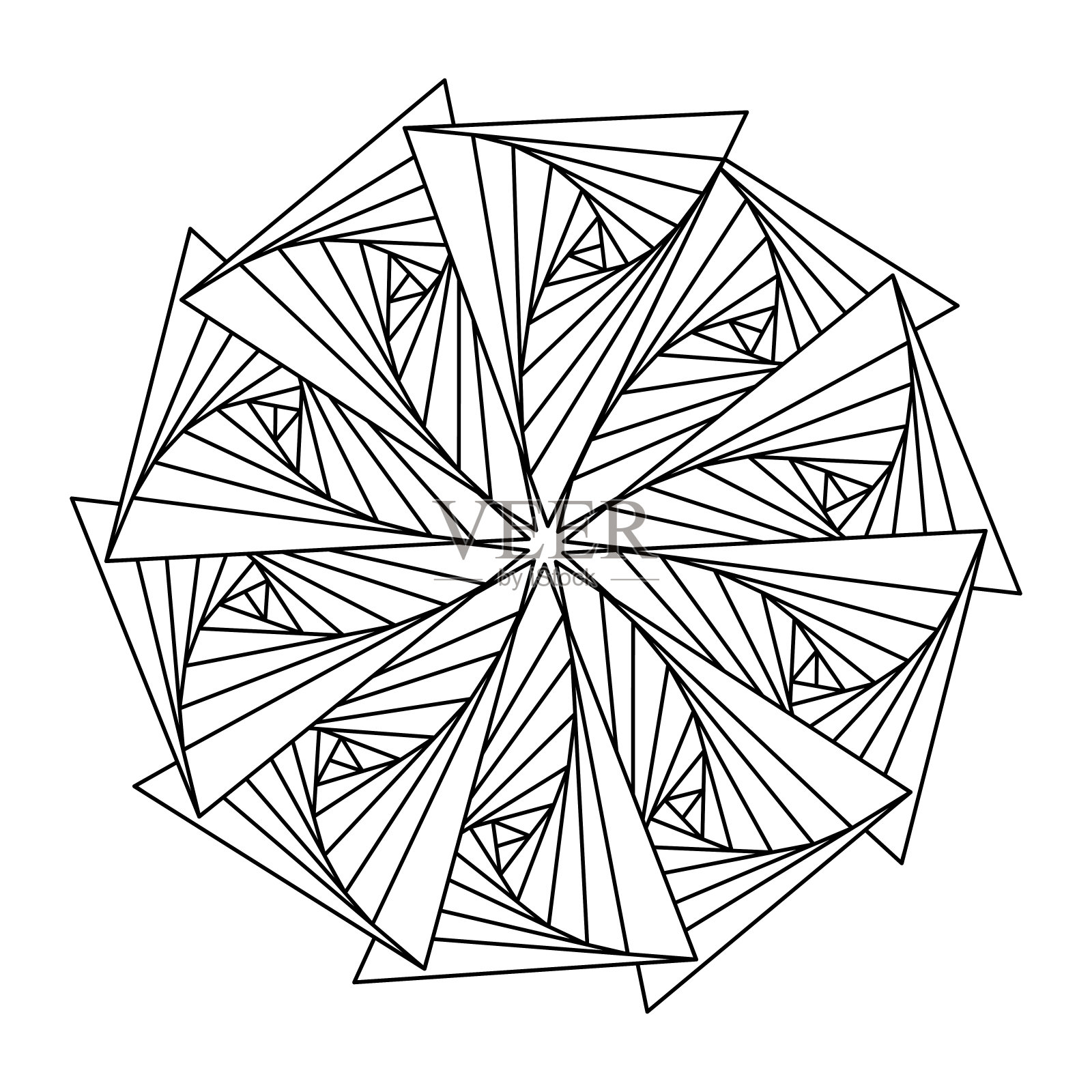 成人涂色书。单色抽象曼荼罗，3d。几何装饰，视觉错觉，图案设计元素。插画图片素材