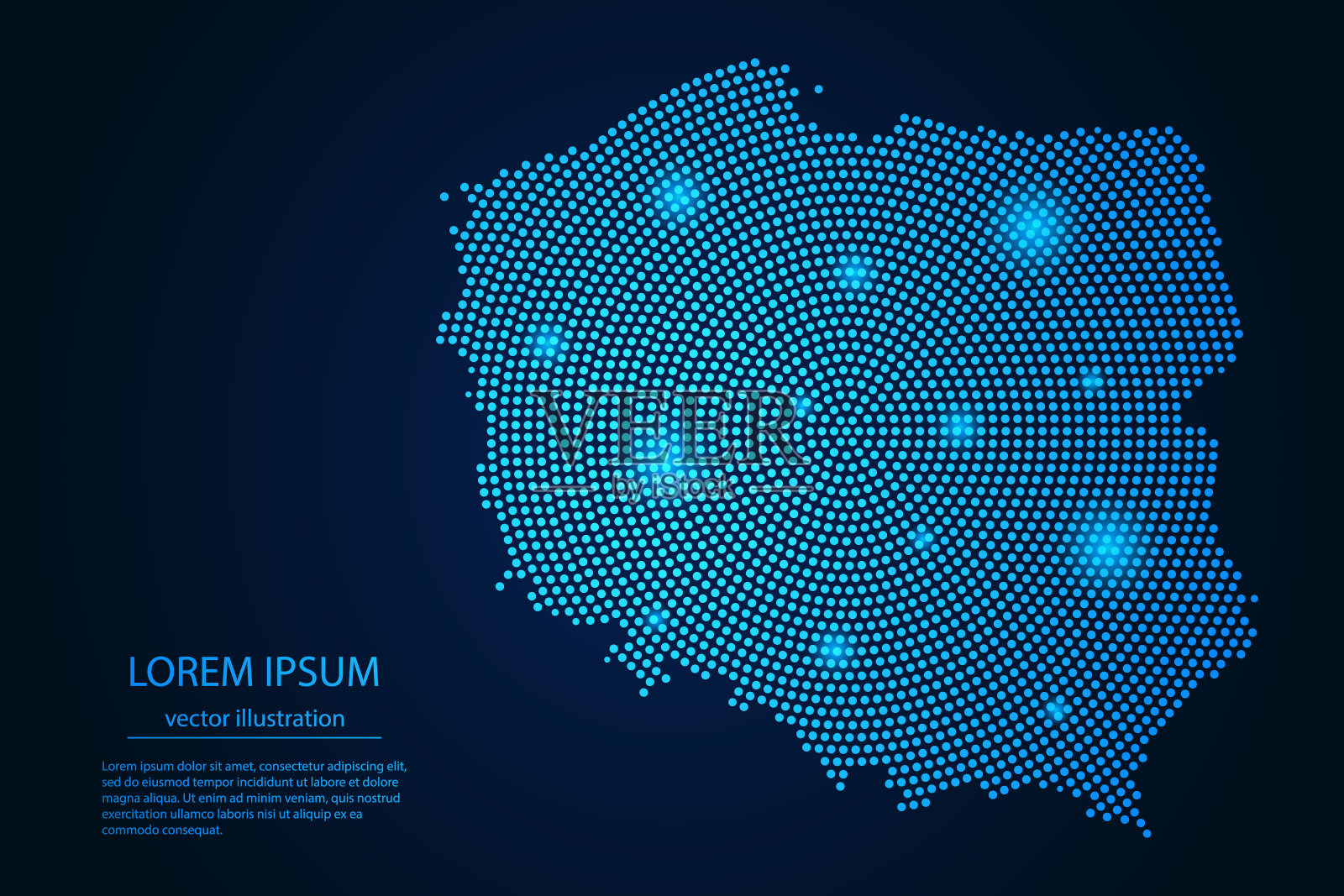 抽象图像波兰地图从点蓝色和发光的星星在黑暗的背景。插画图片素材