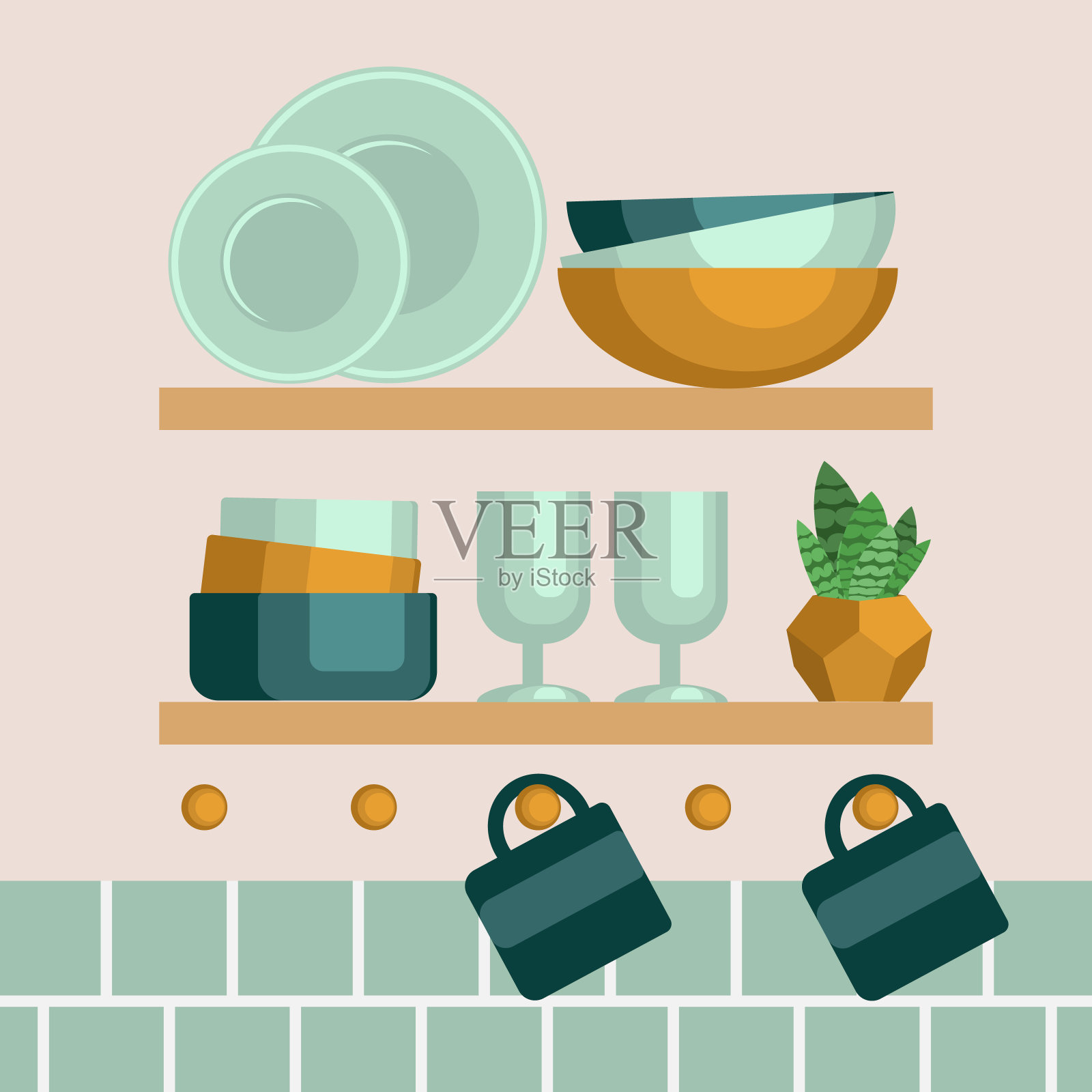 厨房的架子上有盘子。盘子,杯子,眼镜插画图片素材