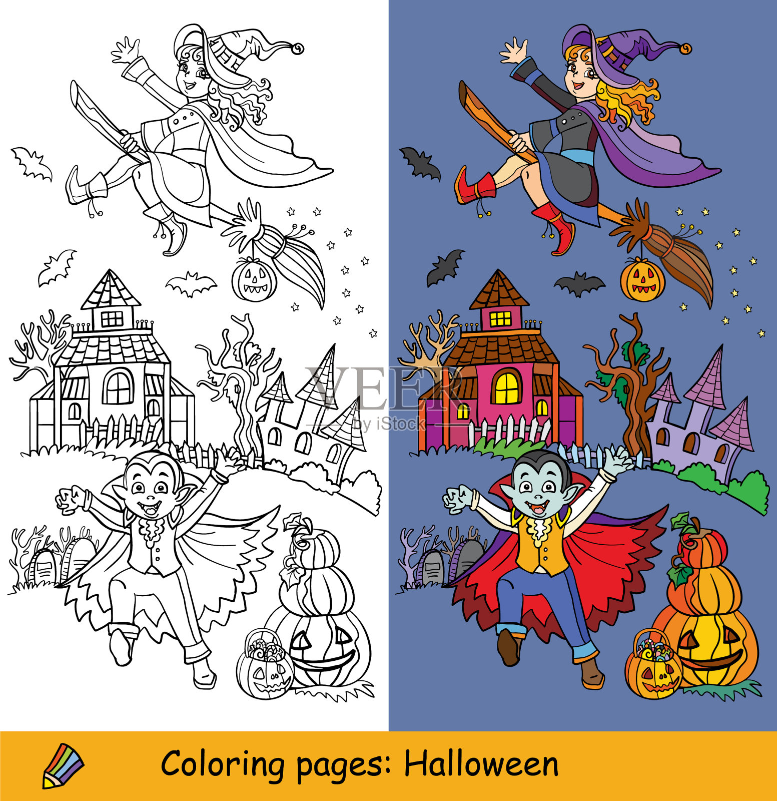 万圣节着色和彩色的例子女巫和插画图片素材