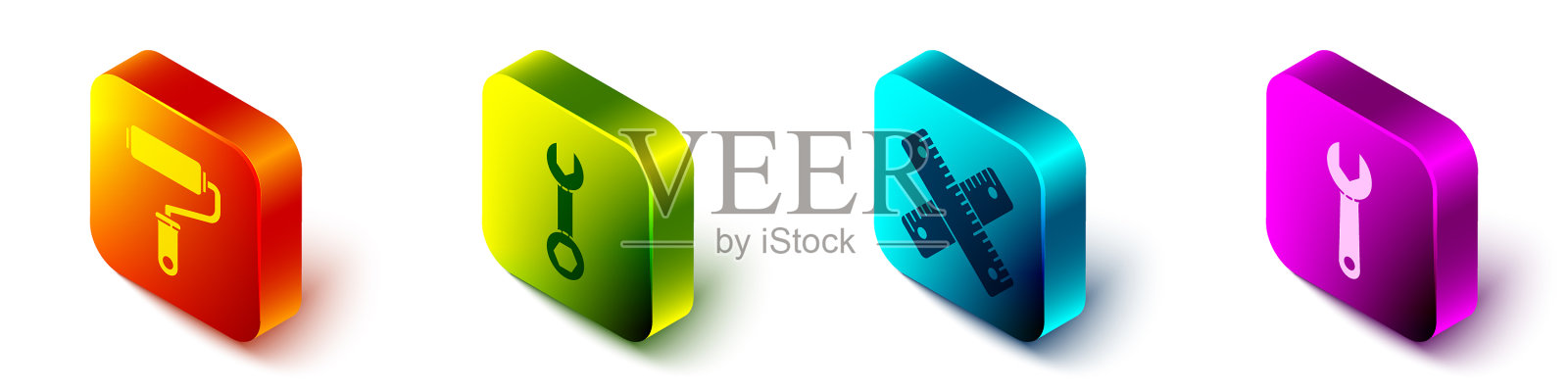 设置等距油漆滚筒刷扳手图标素材