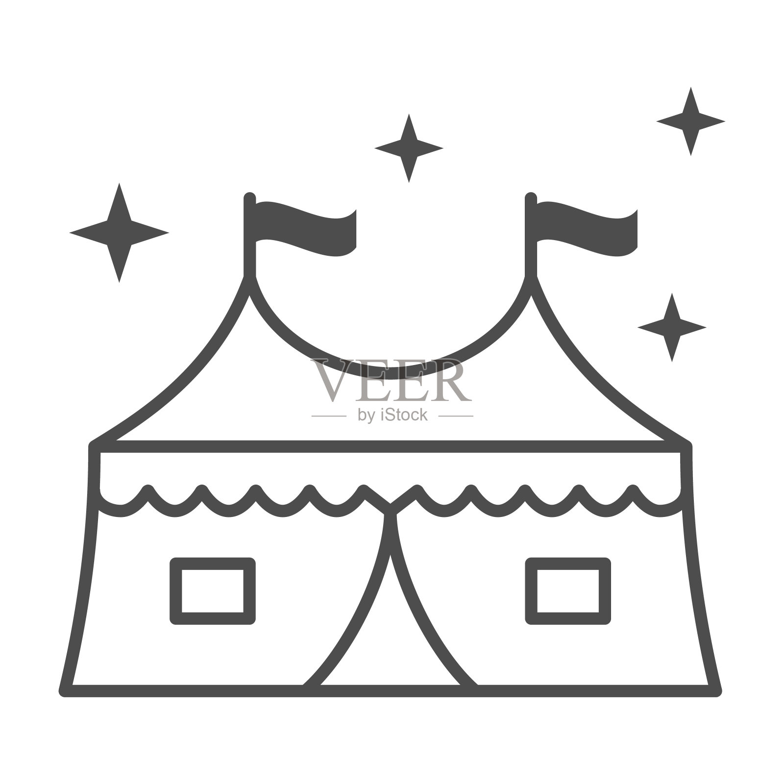 帐篷与景点细线图标，游乐设施的概念，马戏团帐篷标志上的白色背景，嘉年华露营帐篷图标轮廓风格的移动概念和网页设计。矢量图形。插画图片素材