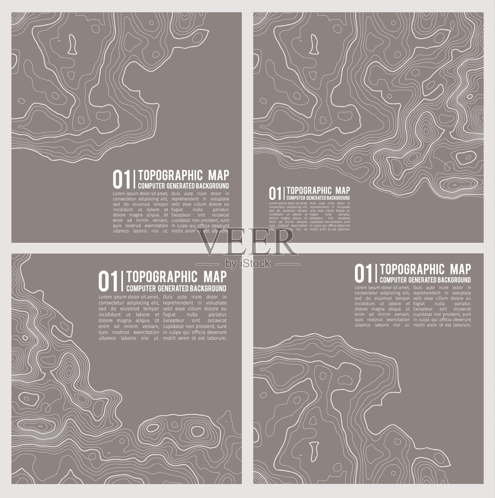 地理山地地形矢量图。地形纹理模式。地图上的土地矢量地形。高程图形等高线。向量集。设计模板素材