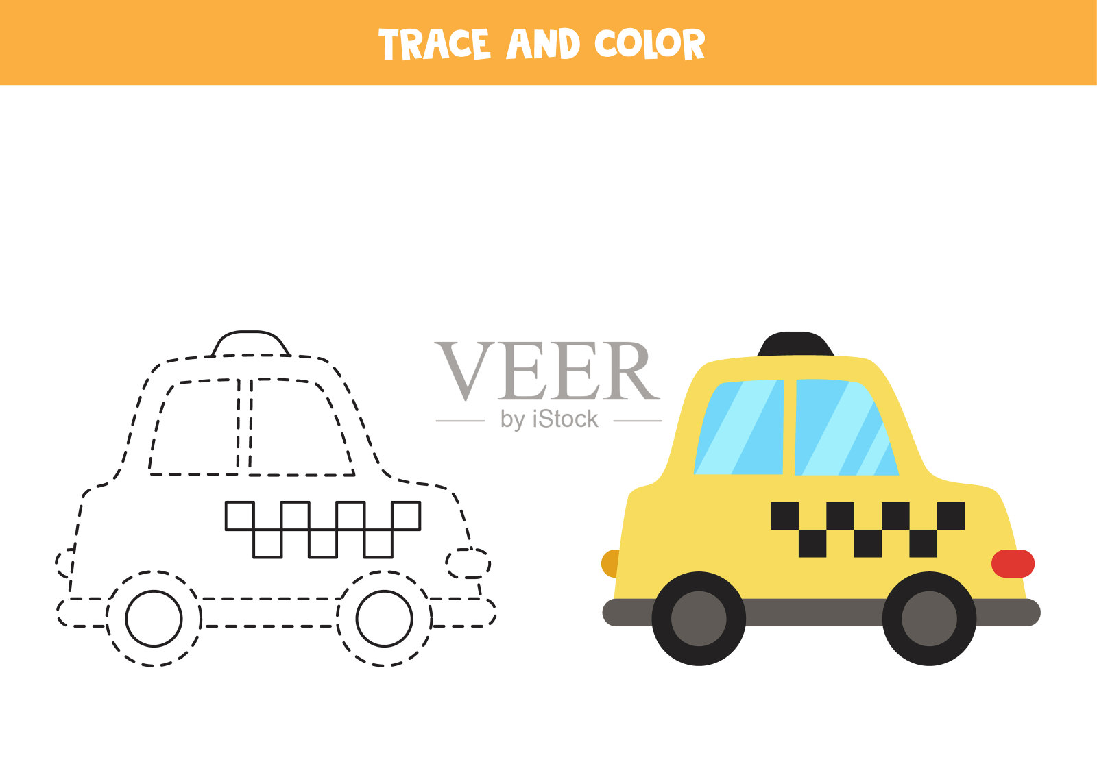 追踪和彩色卡通出租车。工作表的孩子。插画图片素材