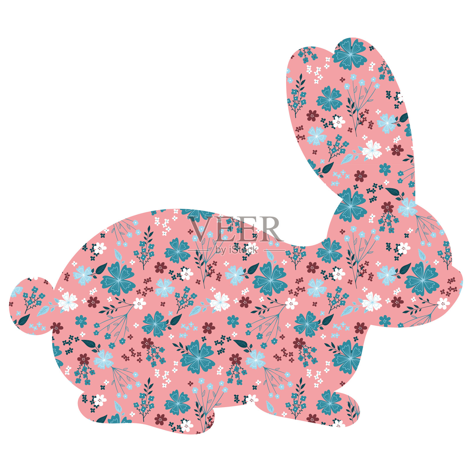 复活节兔子矢量插图。粉红兔带花，花朵装饰内部野兔形状孤立在白色背景上设计元素图片