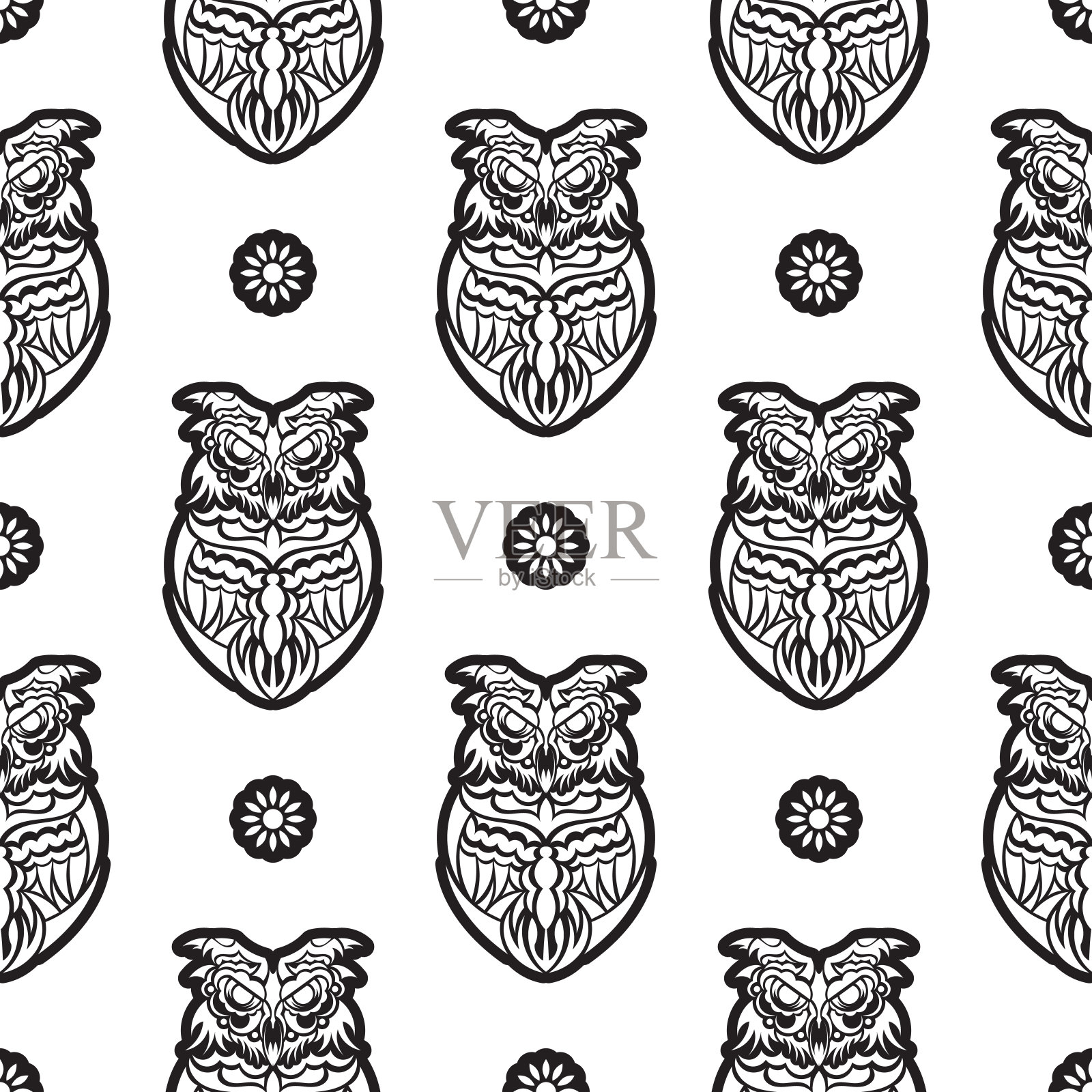 黑白色无缝图案的猫头鹰波西米亚风格。适合背景和打印。矢量图设计元素图片