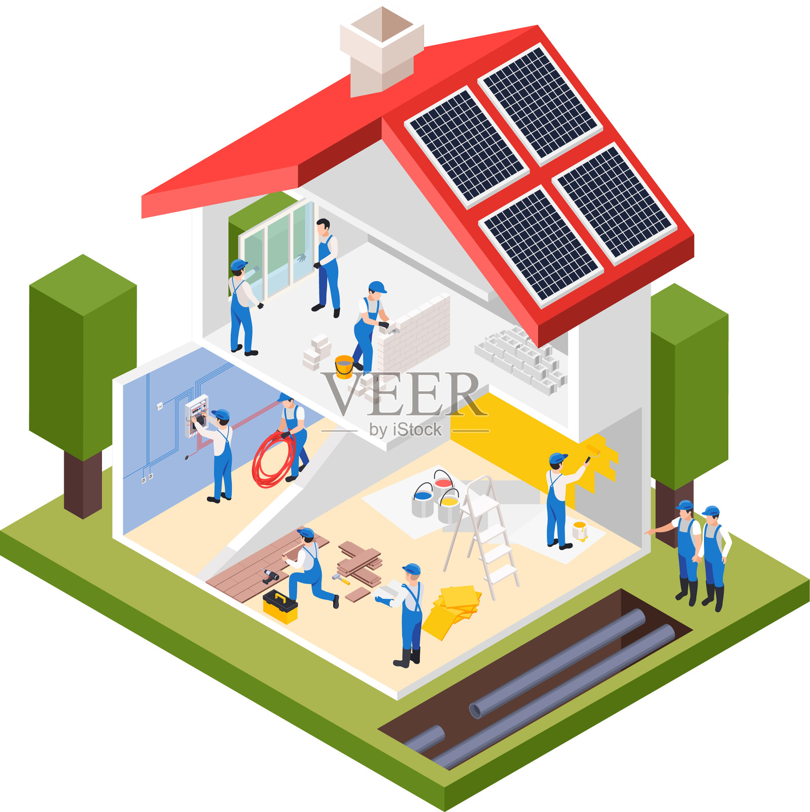 房屋修复等距构图设计元素图片