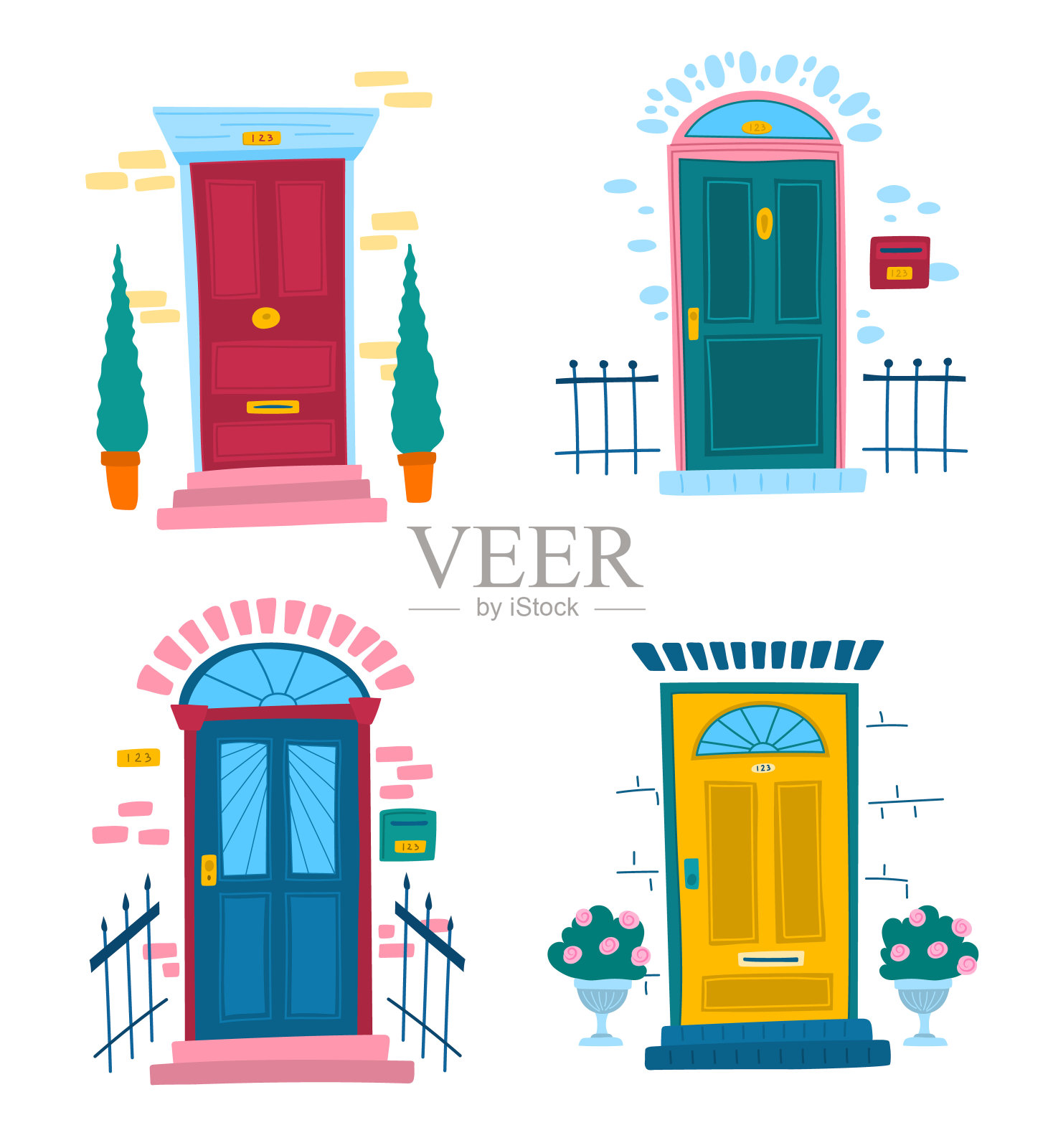 卡通颜色复古前门设置。向量插画图片素材