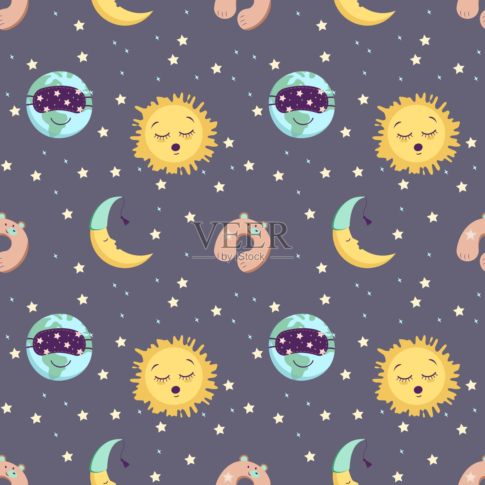 太阳、地球和月亮的无缝图案插画图片素材