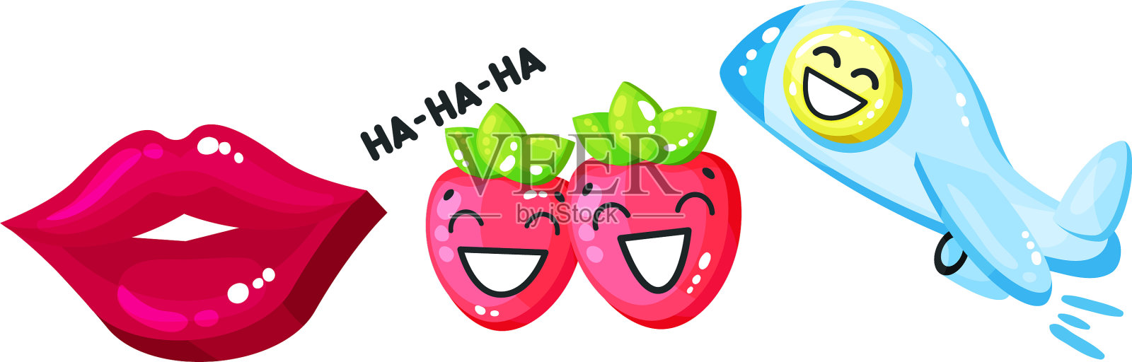 有嘴唇和草莓笑脸的光滑贴纸插画图片素材