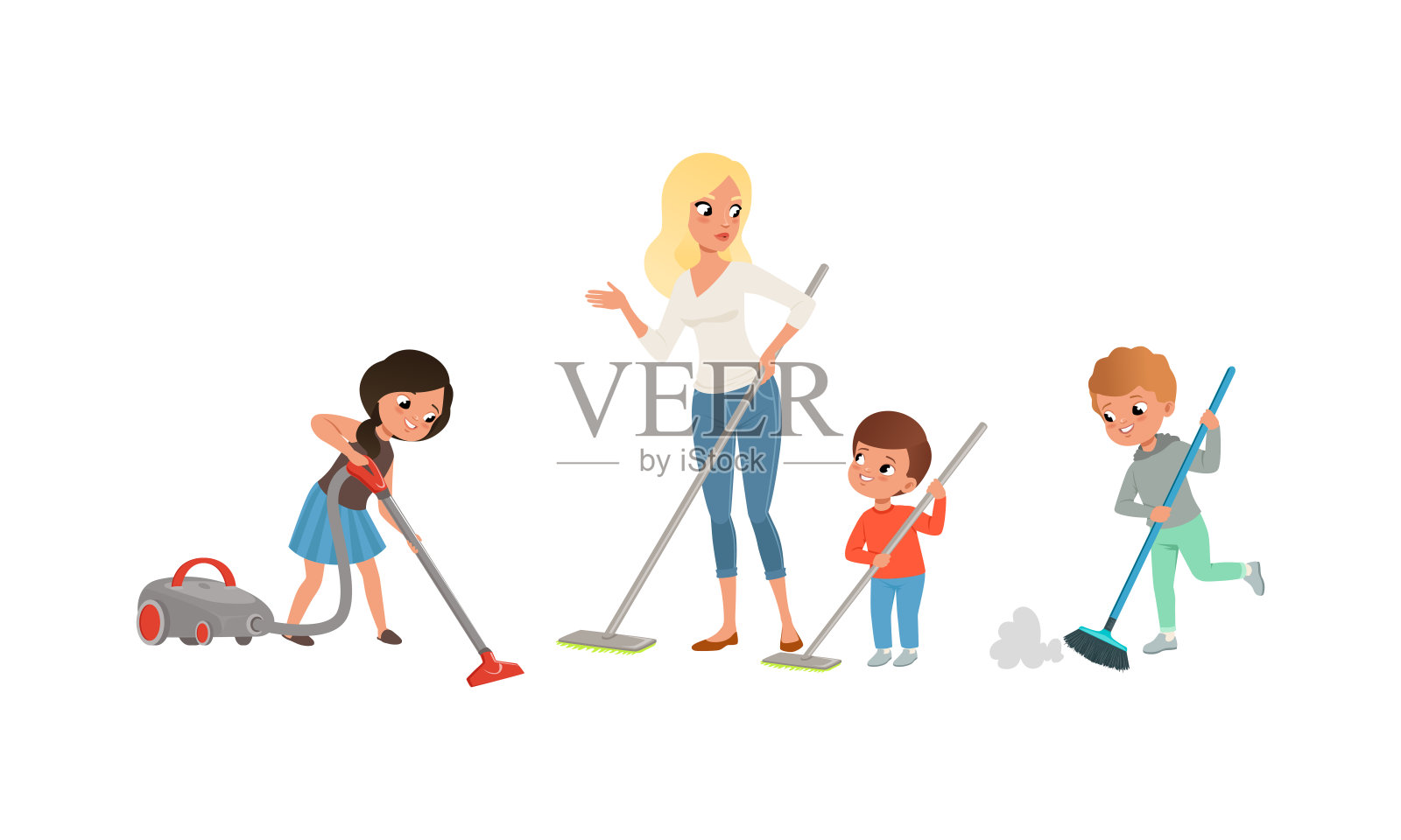 可爱的孩子清洁和吸尘地板集，孩子帮助他们的妈妈与家务卡通矢量插图插画图片素材