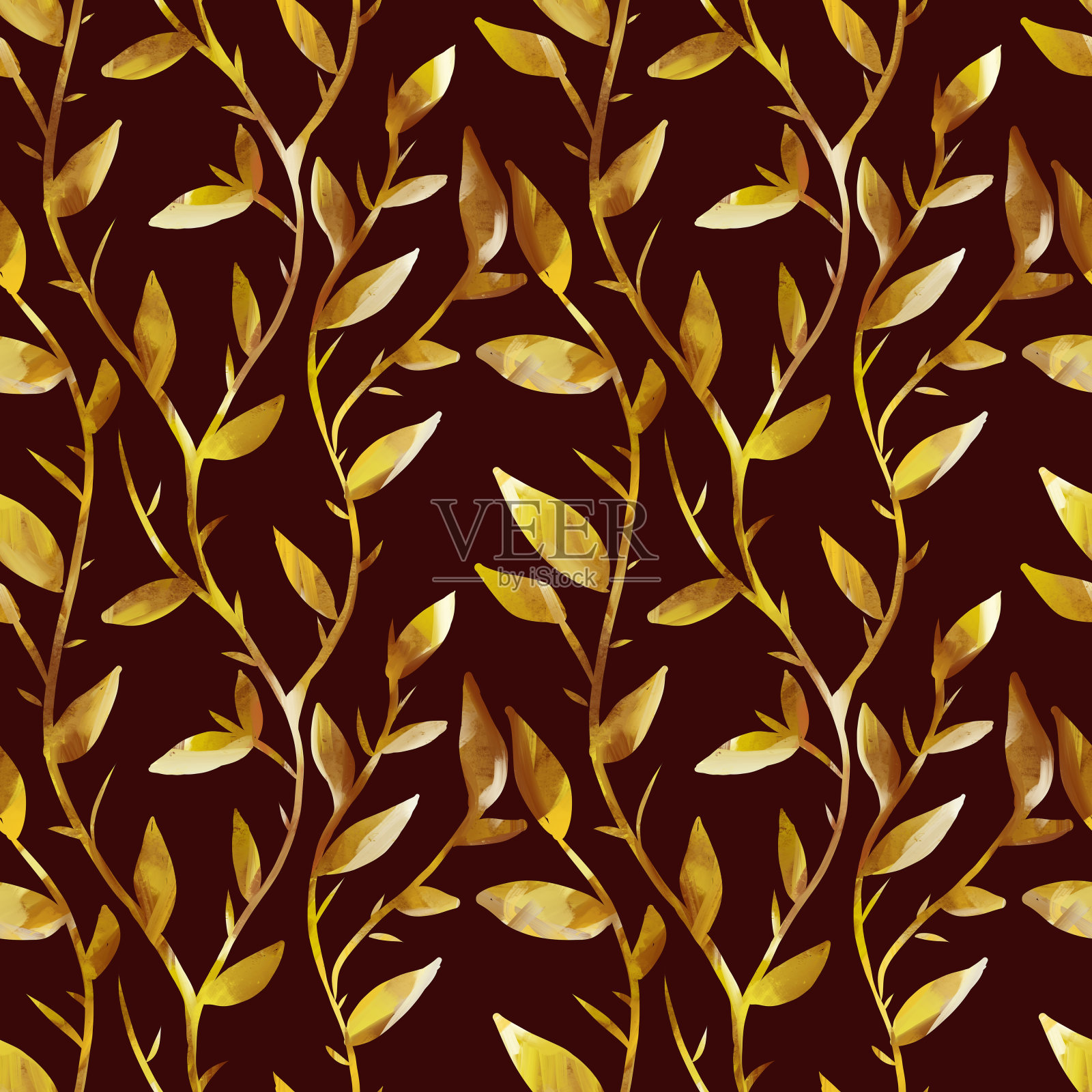 无缝图案用金色的枝叶，美丽的抽象彩色手绘图案，新艺术图案，手绘插画图片素材