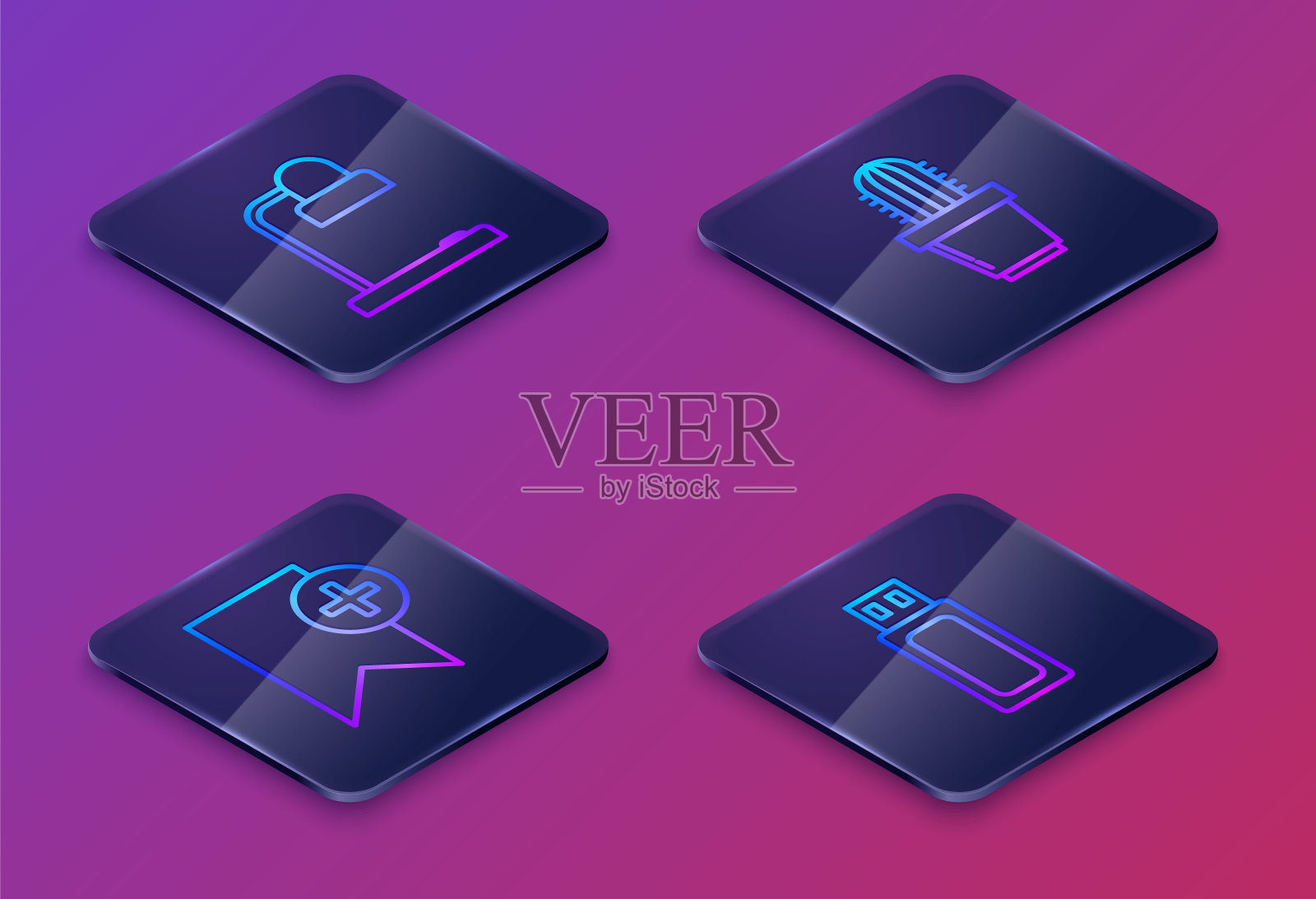 设置等距线台灯，书签，仙人掌和多肉在花盆和u盘。蓝色方块按钮。向量图标素材