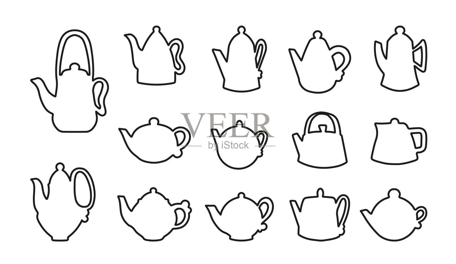 矢量咖啡和茶壶涂鸦。茶壶的莲座有圆形和长方形。用于激光雕刻、数控机床切割的模板。不同形状的茶壶，用于茶或咖啡设计元素图片
