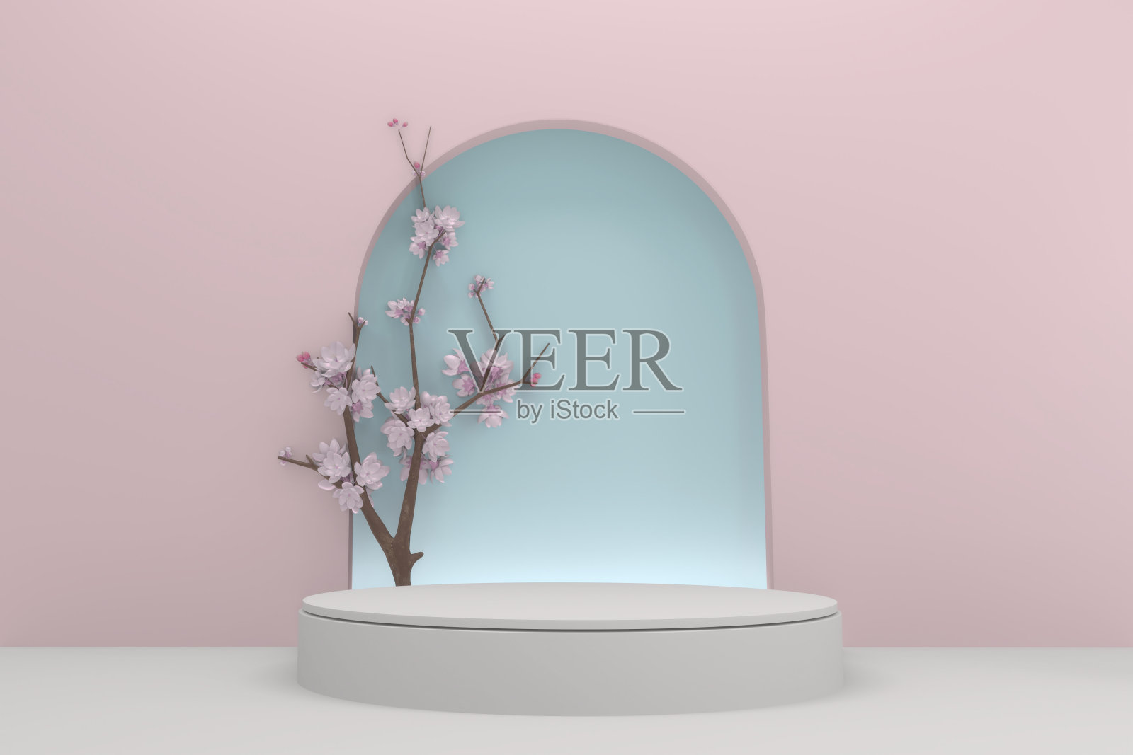 粉红色背景上的樱花装饰和裙房。三维渲染照片摄影图片