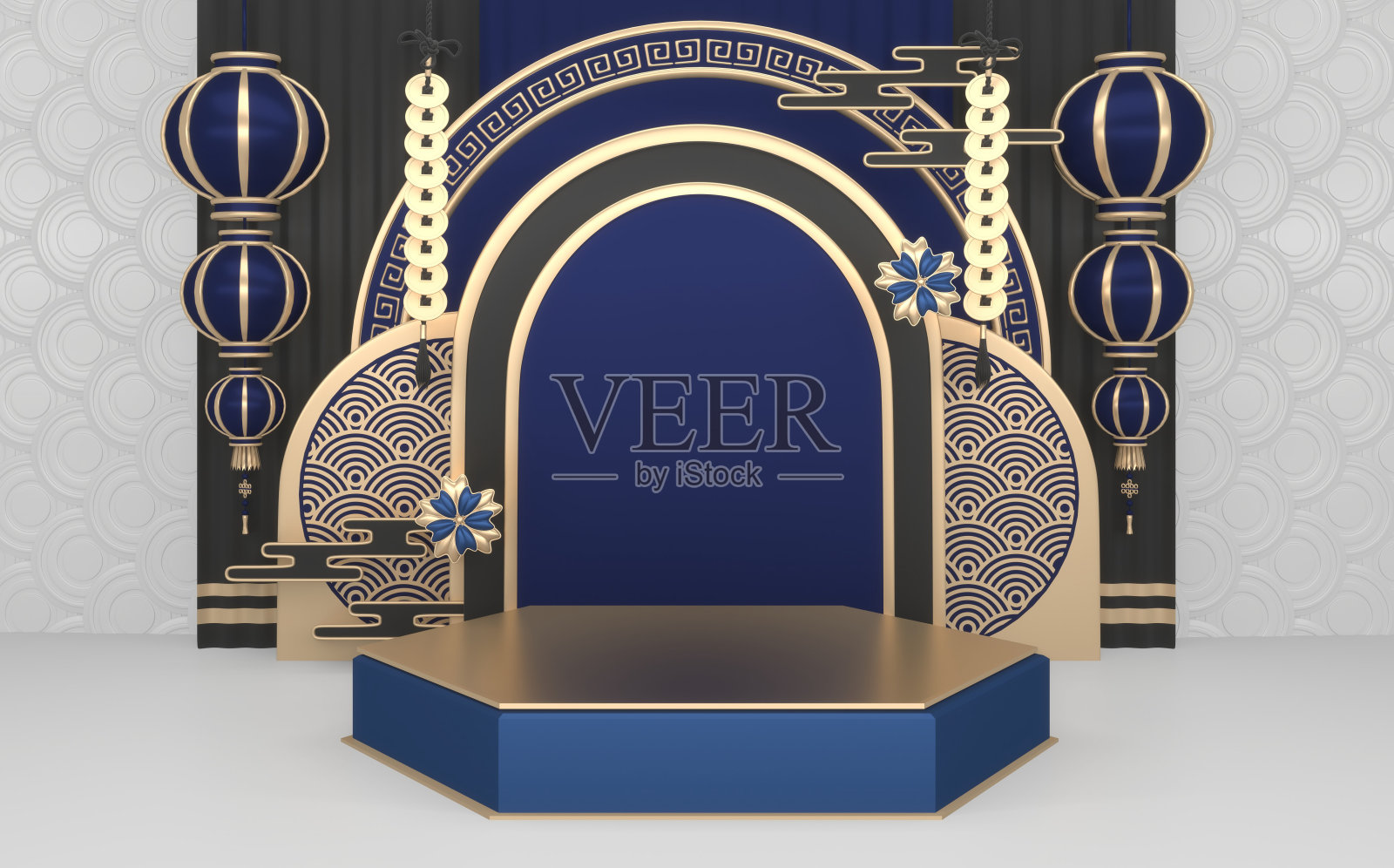 蓝色领奖台，最小领奖台几何和装饰颜色日本色调。三维渲染照片摄影图片