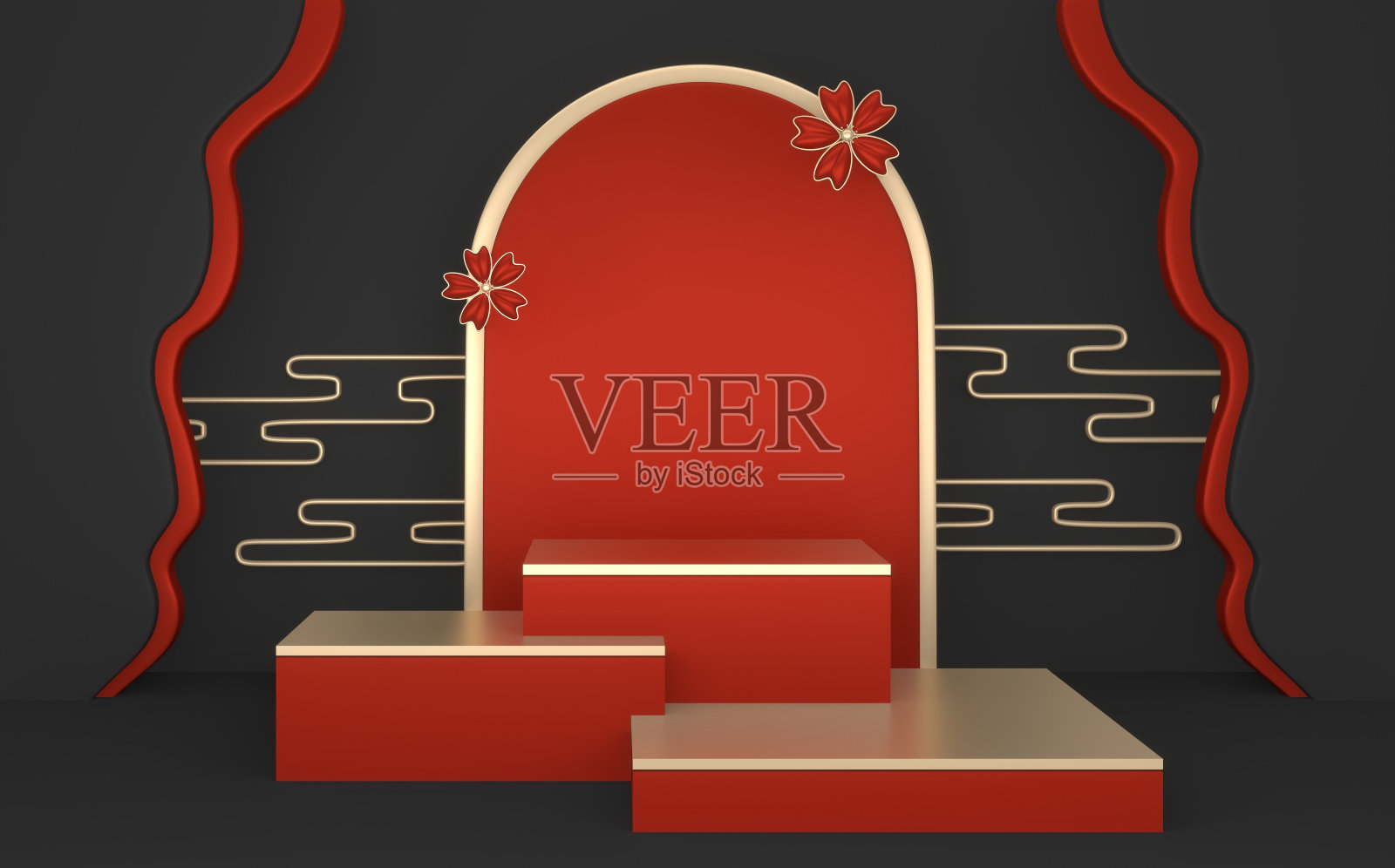 红色日本裙摆展示了日本几何造型的化妆品。三维渲染照片摄影图片