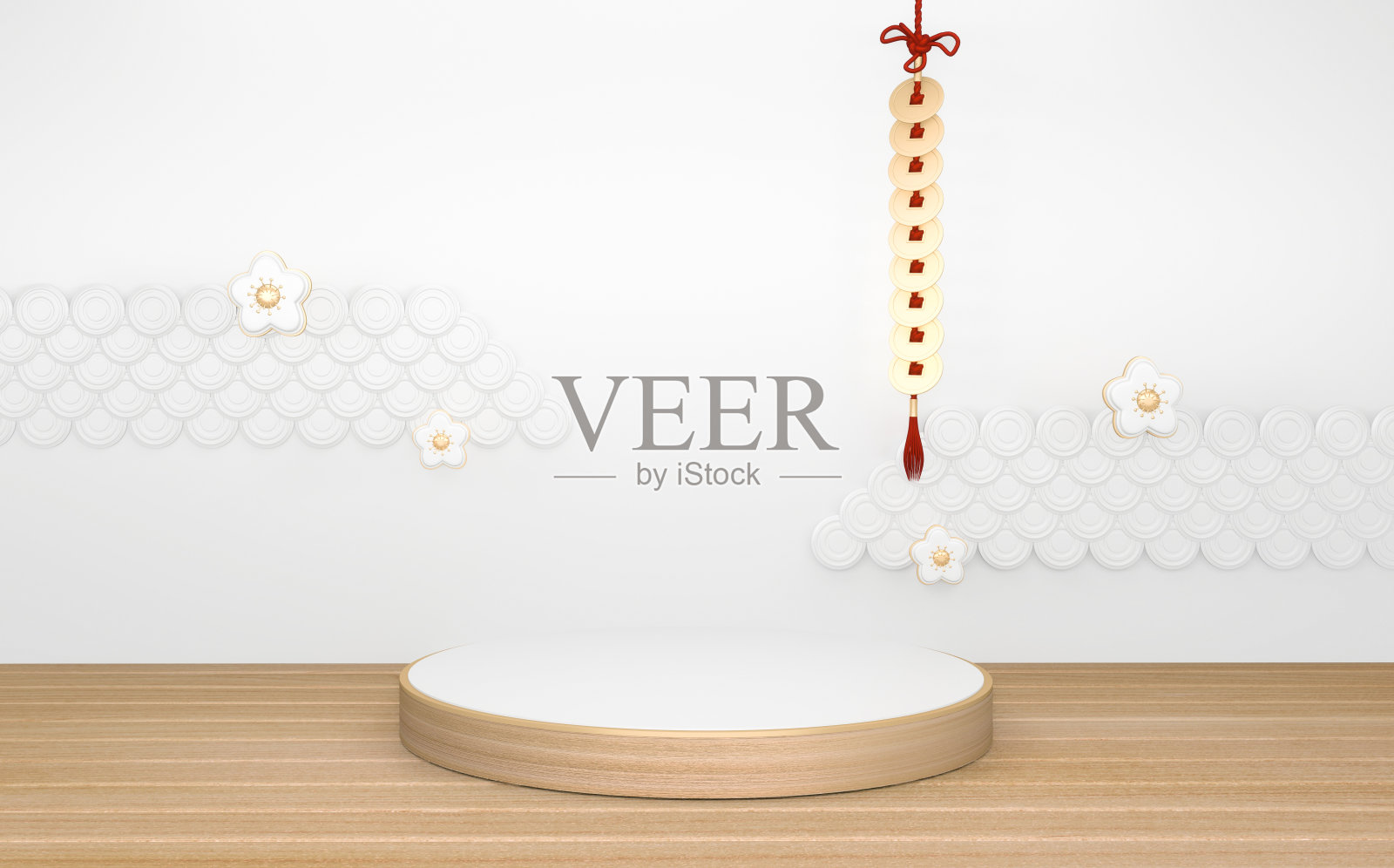 圆形白色木质裙房最小的几何抽象。三维渲染照片摄影图片