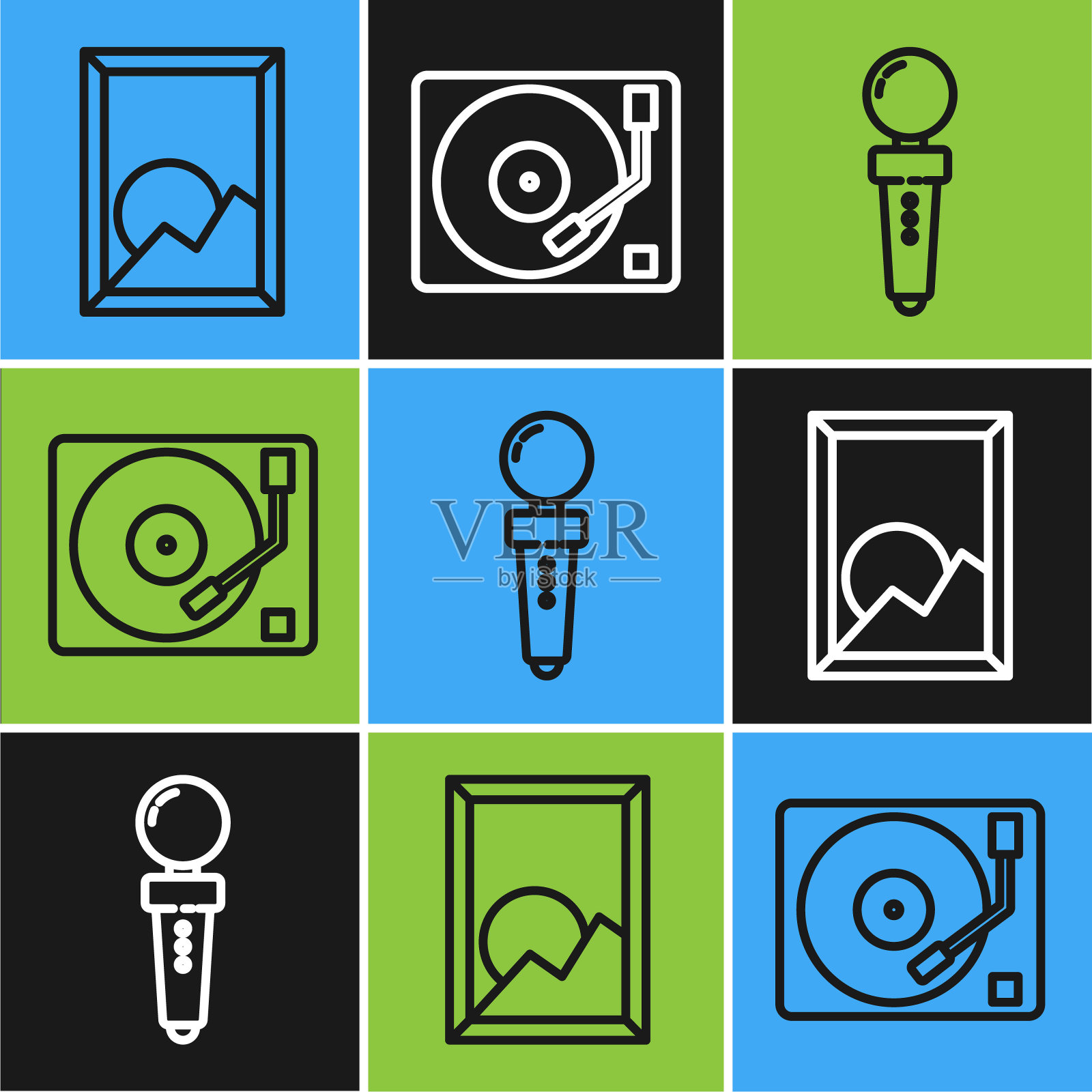 设置线图片景观，摇杆为街机和黑胶播放器与黑胶磁盘图标。向量插画图片素材