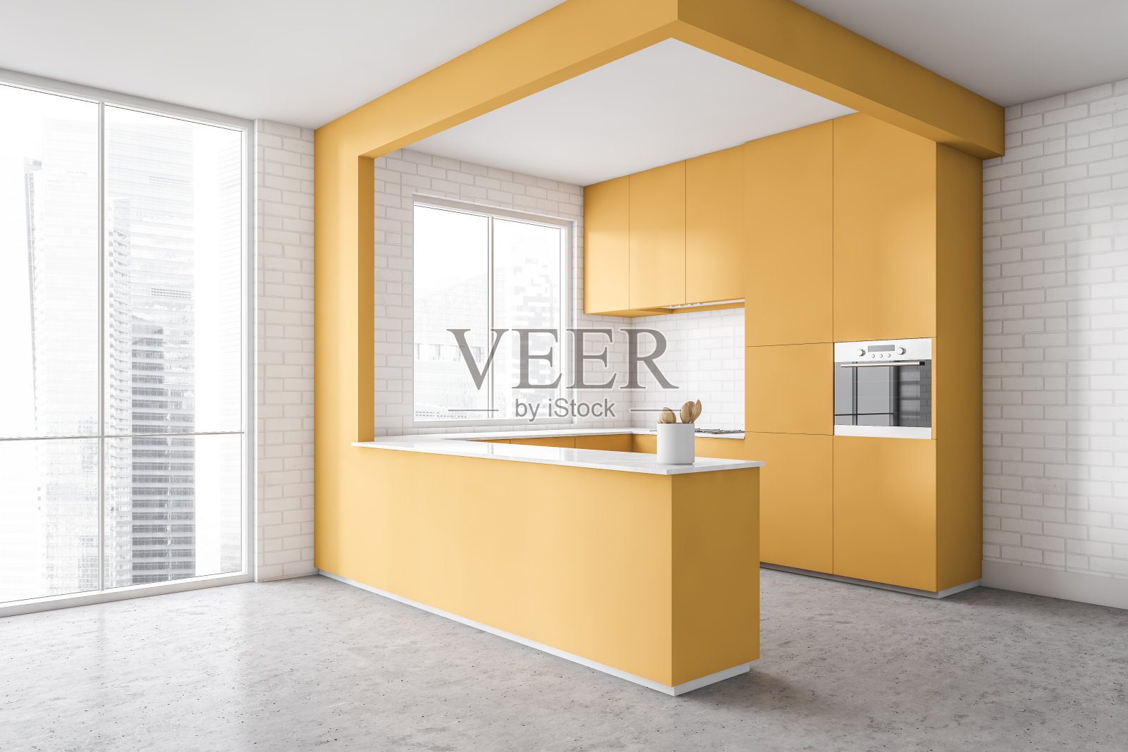 白色和黄色的厨房角落与橱柜照片摄影图片