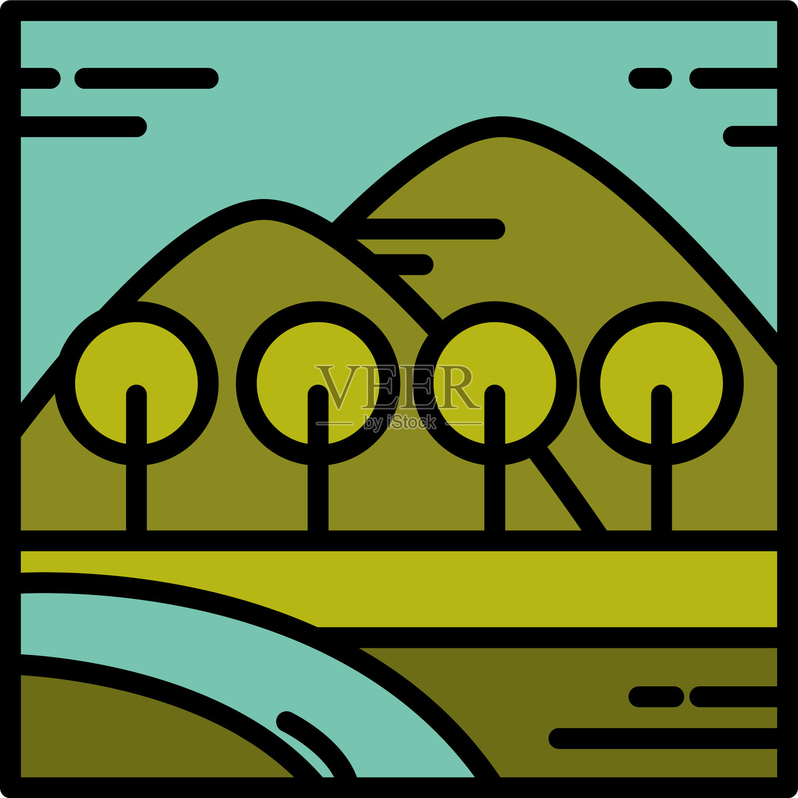 景观森林，树木，山脉，河流，田野景色插画图片素材