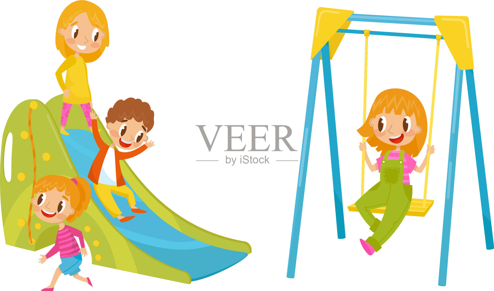 精力充沛的男孩和女孩滑下去插画图片素材