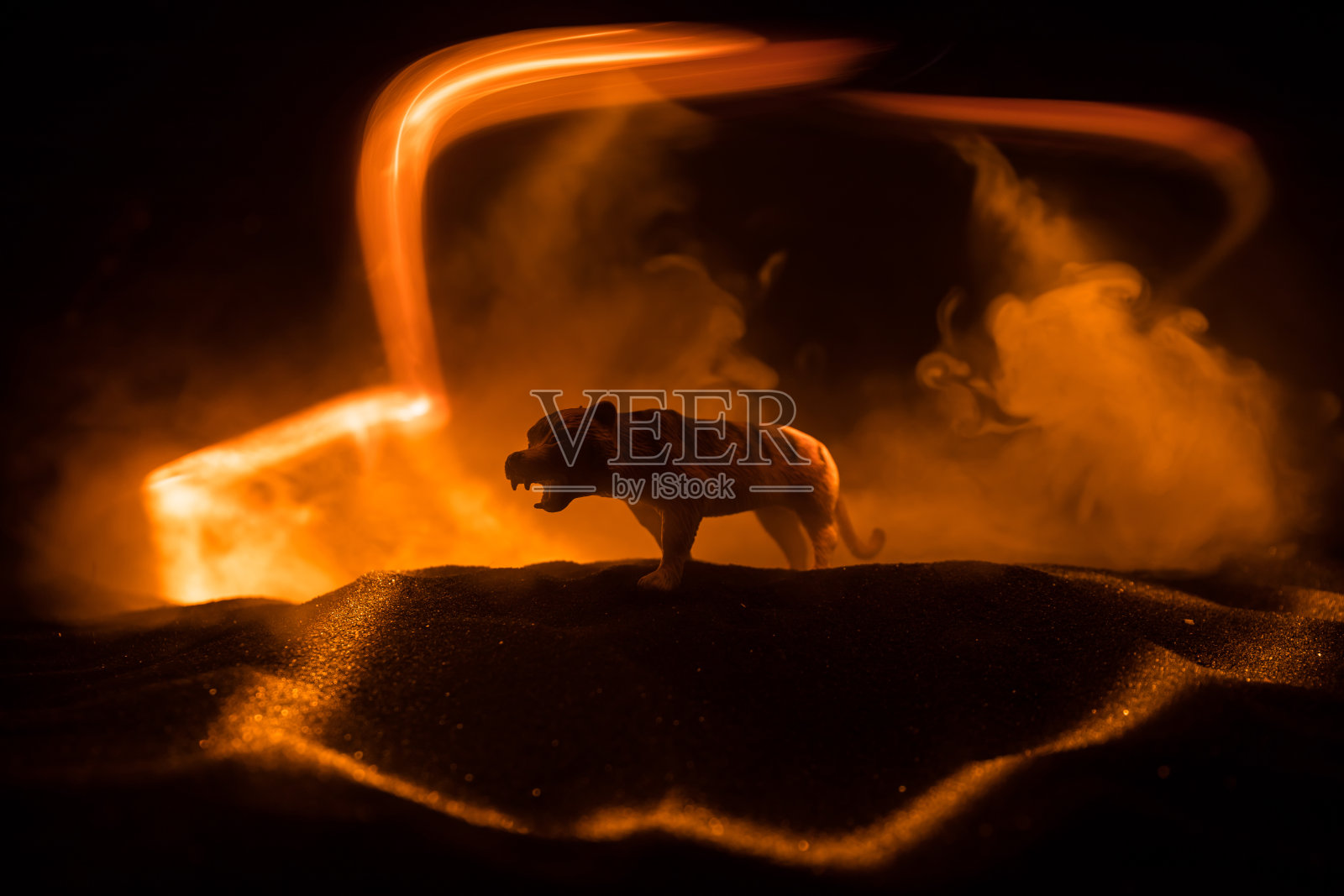 一个微型狮子的剪影站在木桌上。创意装饰与彩色背光与雾。有选择性的重点照片摄影图片