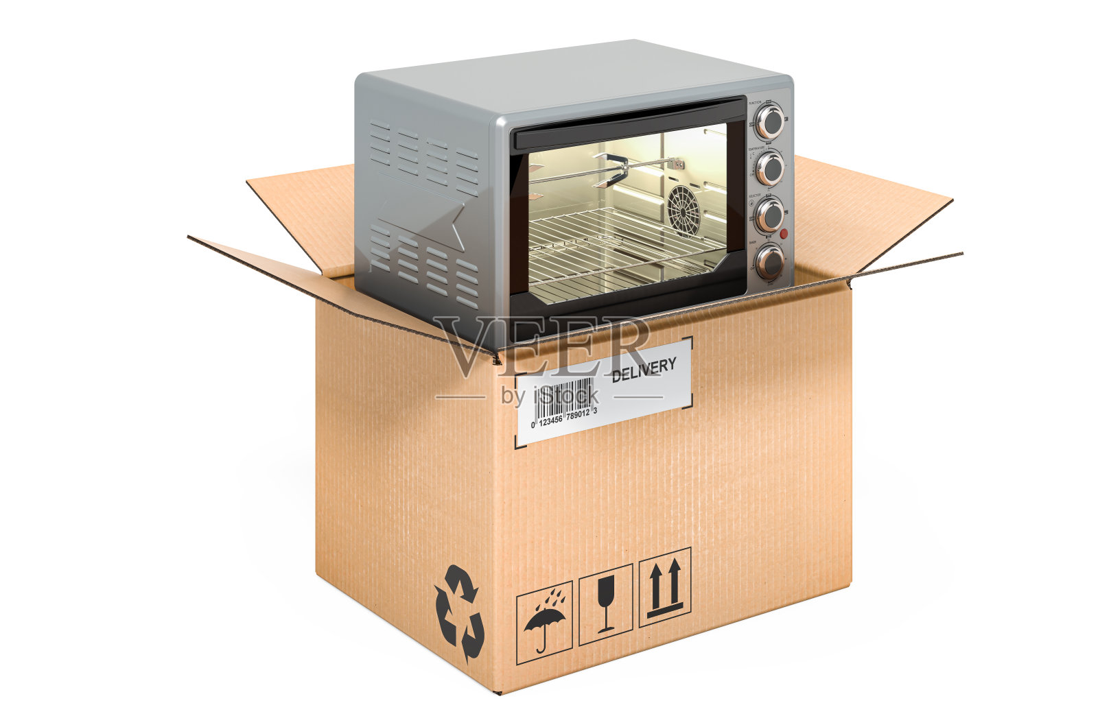 对流烤箱内的纸箱，交付的概念。3D渲染孤立的白色背景照片摄影图片