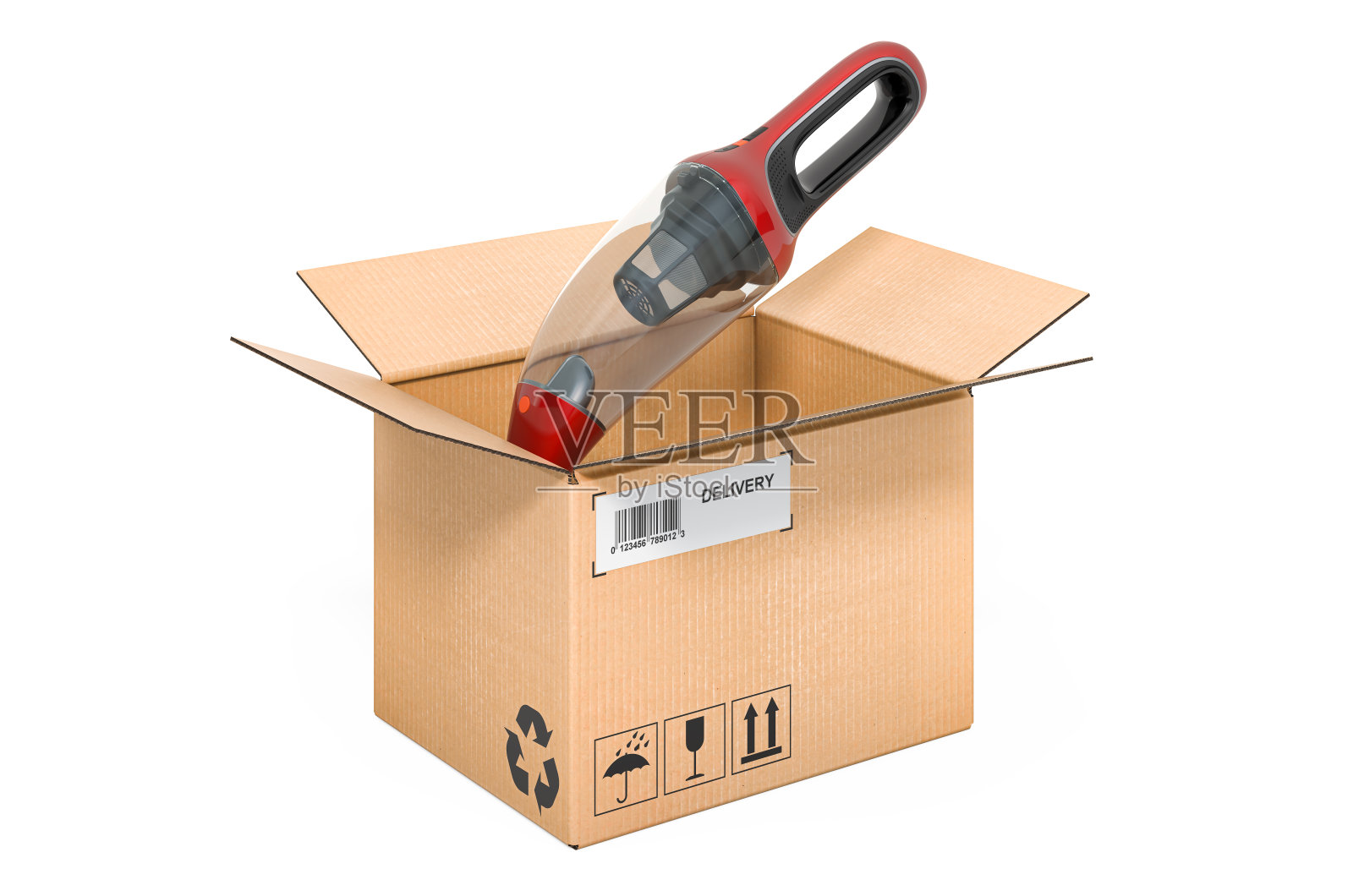 手提式真空吸尘器内装纸箱，送货理念。3D渲染孤立的白色背景照片摄影图片