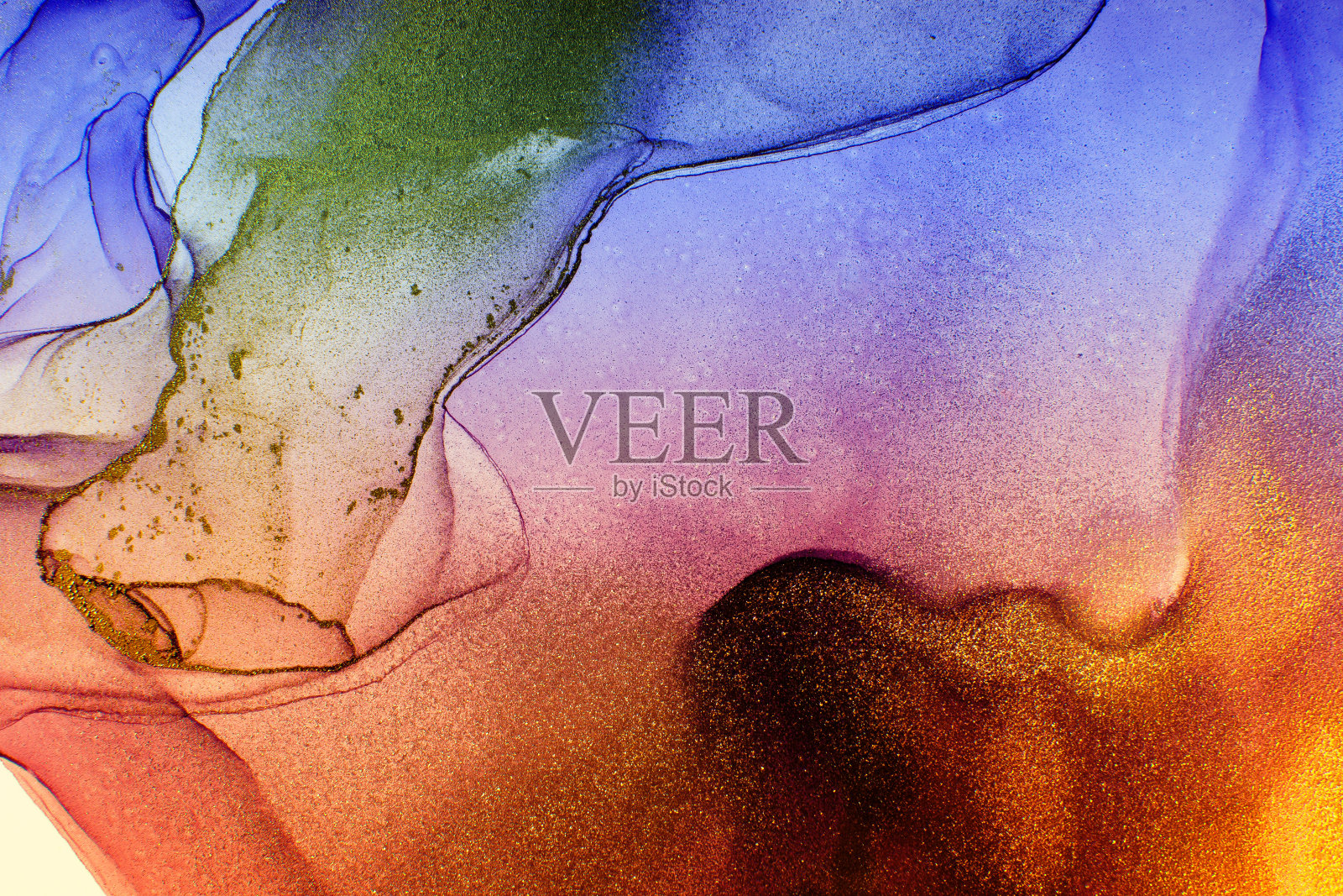 白色和金色污渍。蓝冰污渍。水墨水飞溅。水彩画颜料。混合丙烯酸涂料。现代艺术。照片摄影图片