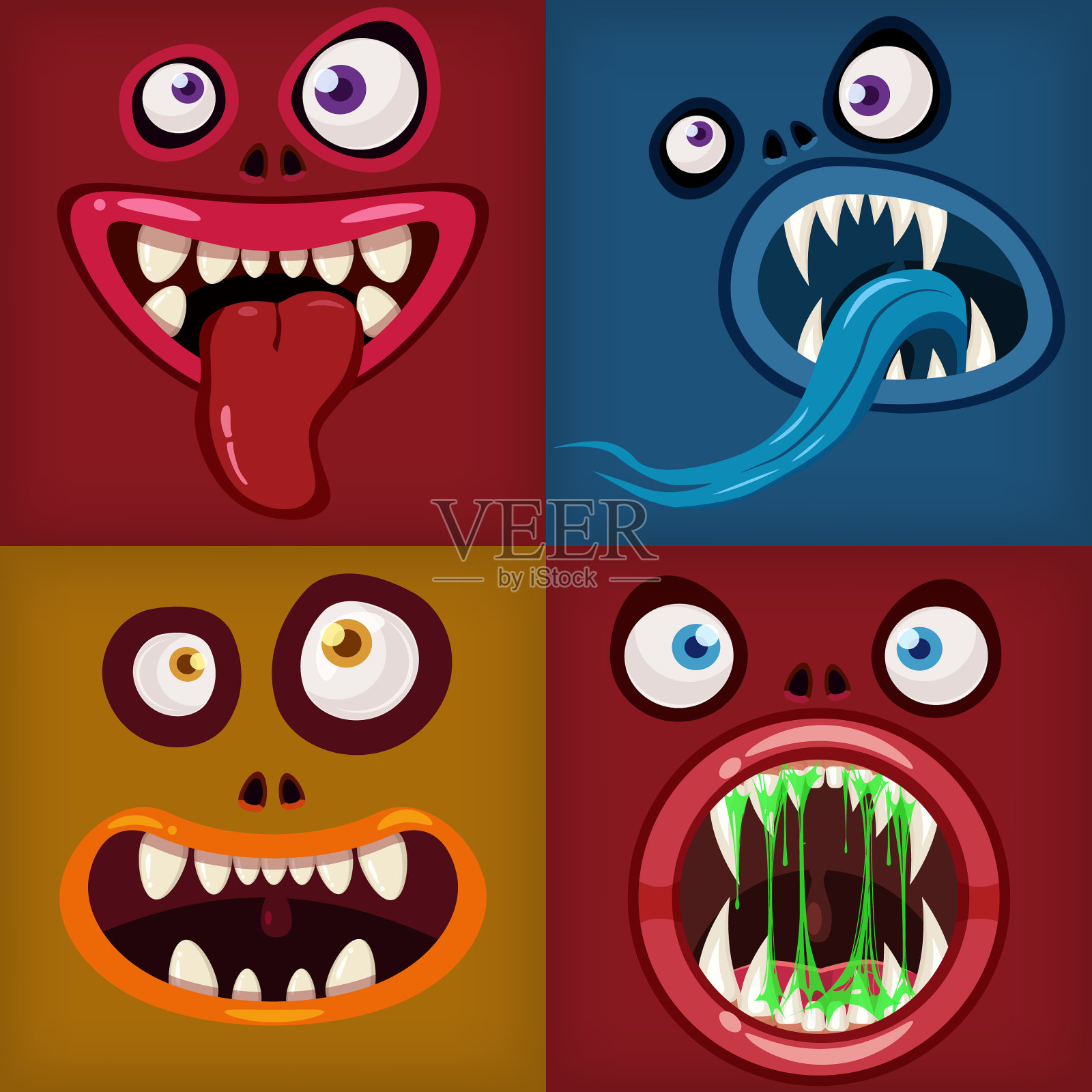设置怪物的嘴巴令人毛骨悚然和可怕的滑稽的下巴图标素材