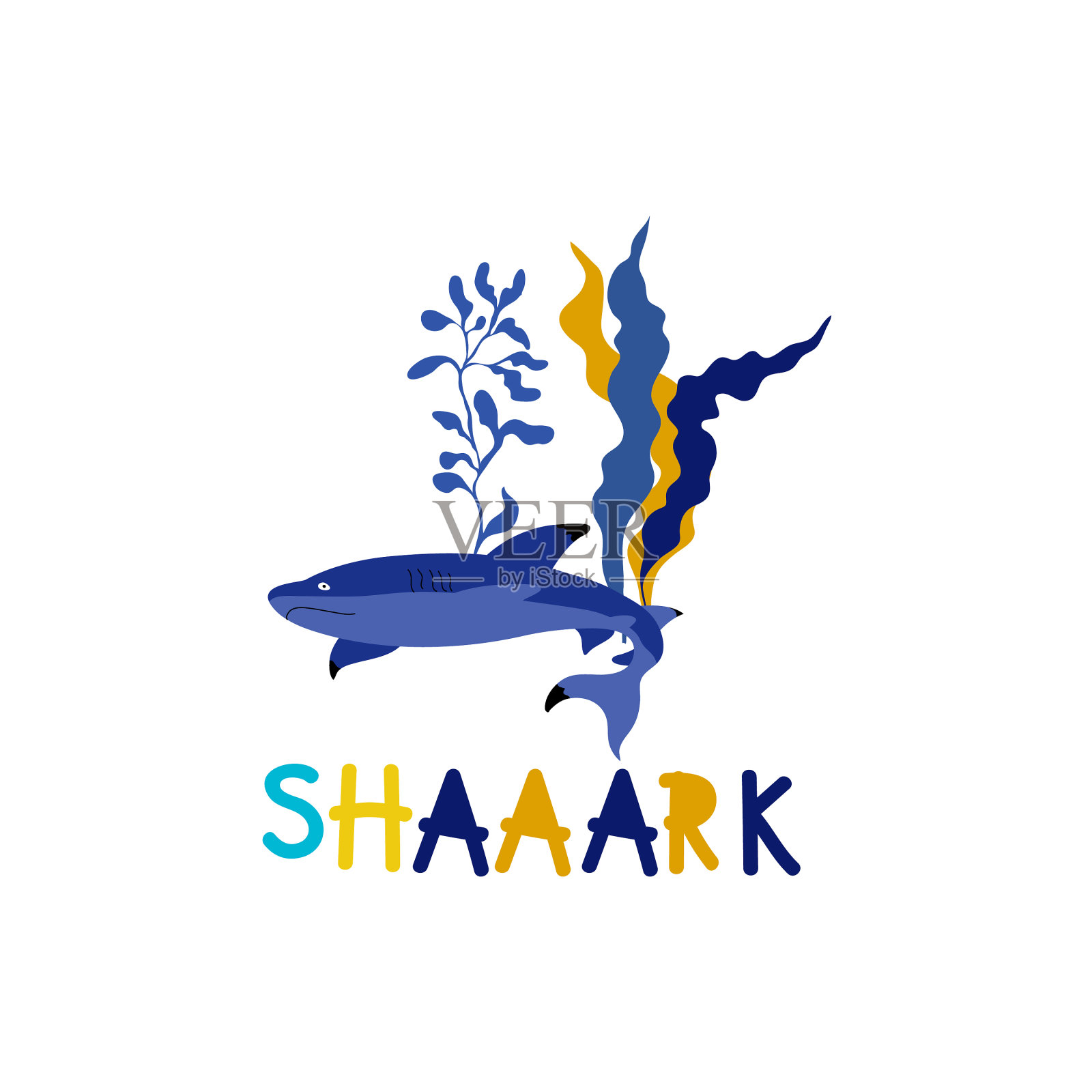 漂浮在海藻，鲨鱼和字母的孩子插画图片素材