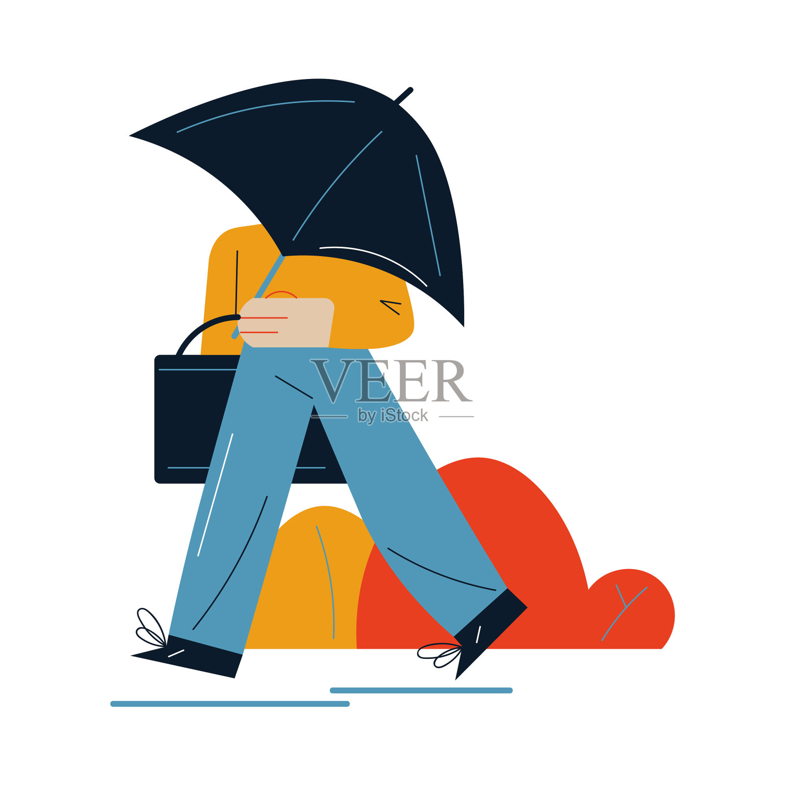 一个带着雨伞匆匆赶往办公室的人设计元素图片