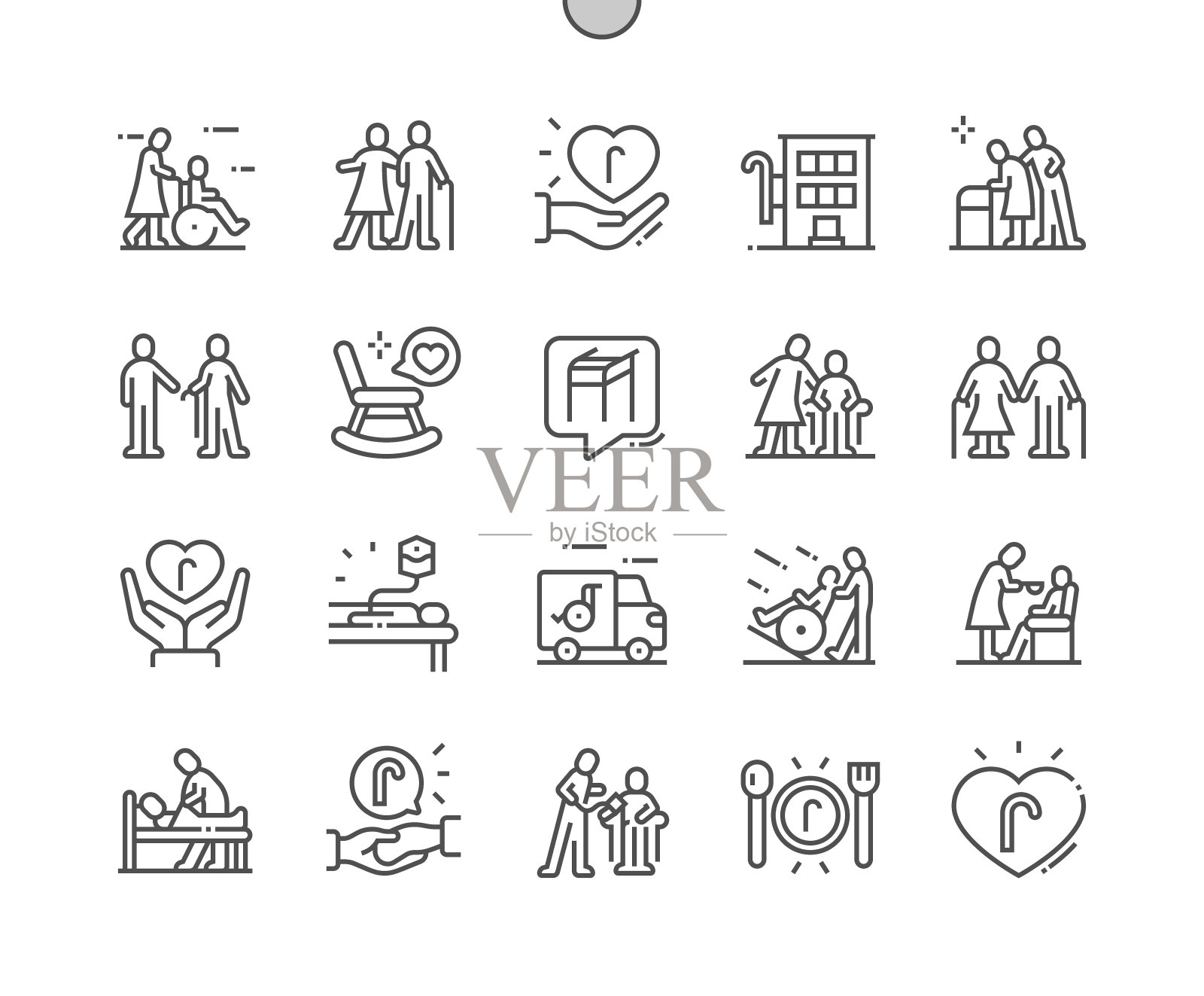 老年服务。支持。帮助残疾人。领取退休金者、长者、诊所及残疾人士。保健、医疗和医药。像素完美矢量细线图标。简单的最小的象形图插画图片素材