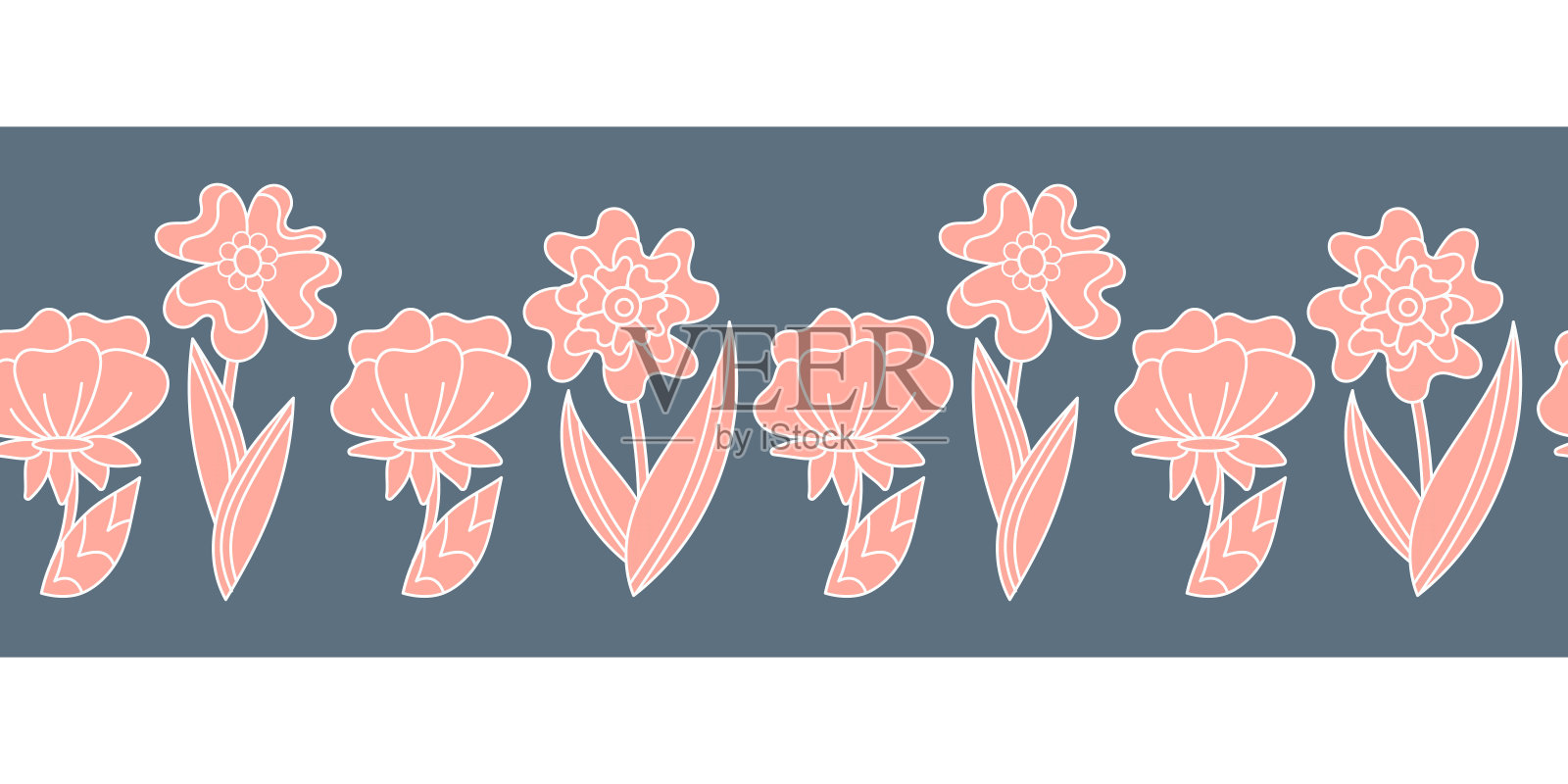 无缝边框与花。平面儿童卡通风格。节日矢量插图上的蓝色背景。插画图片素材