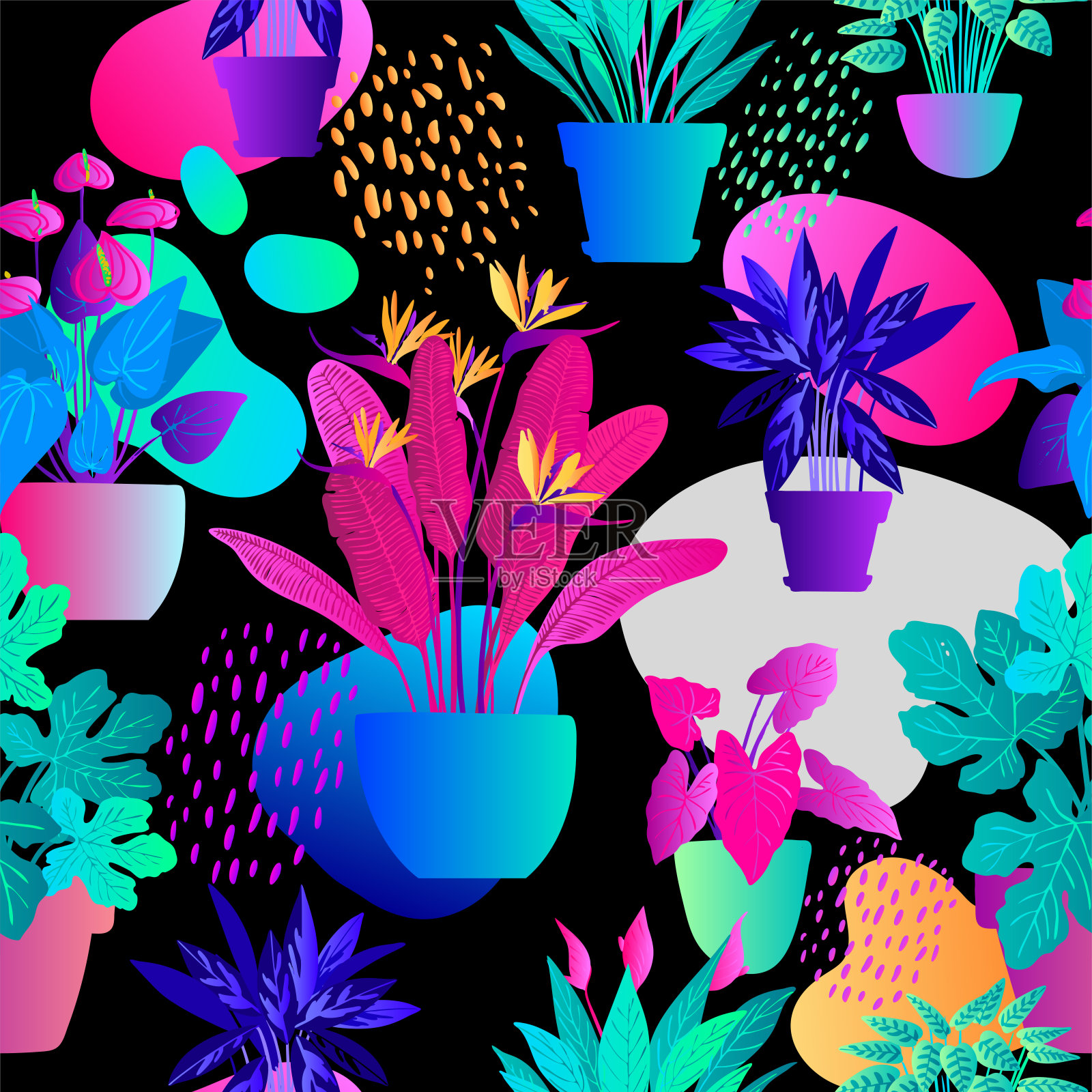 图案霓虹灯热带植物和花在盆。矢量彩色草图上的白色背景。紫外光粉色，蓝色，绿松石色。插画图片素材