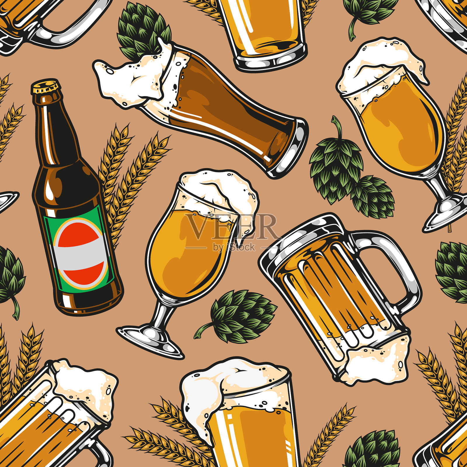 啤酒复古彩色无缝图案插画图片素材
