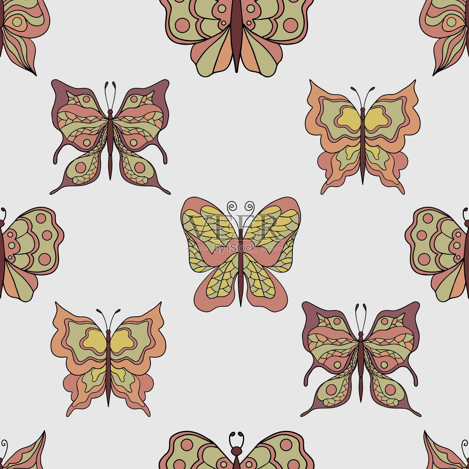 美丽的蝴蝶。无缝模式。柔和的颜色。收集卡通矢量插图。插画图片素材