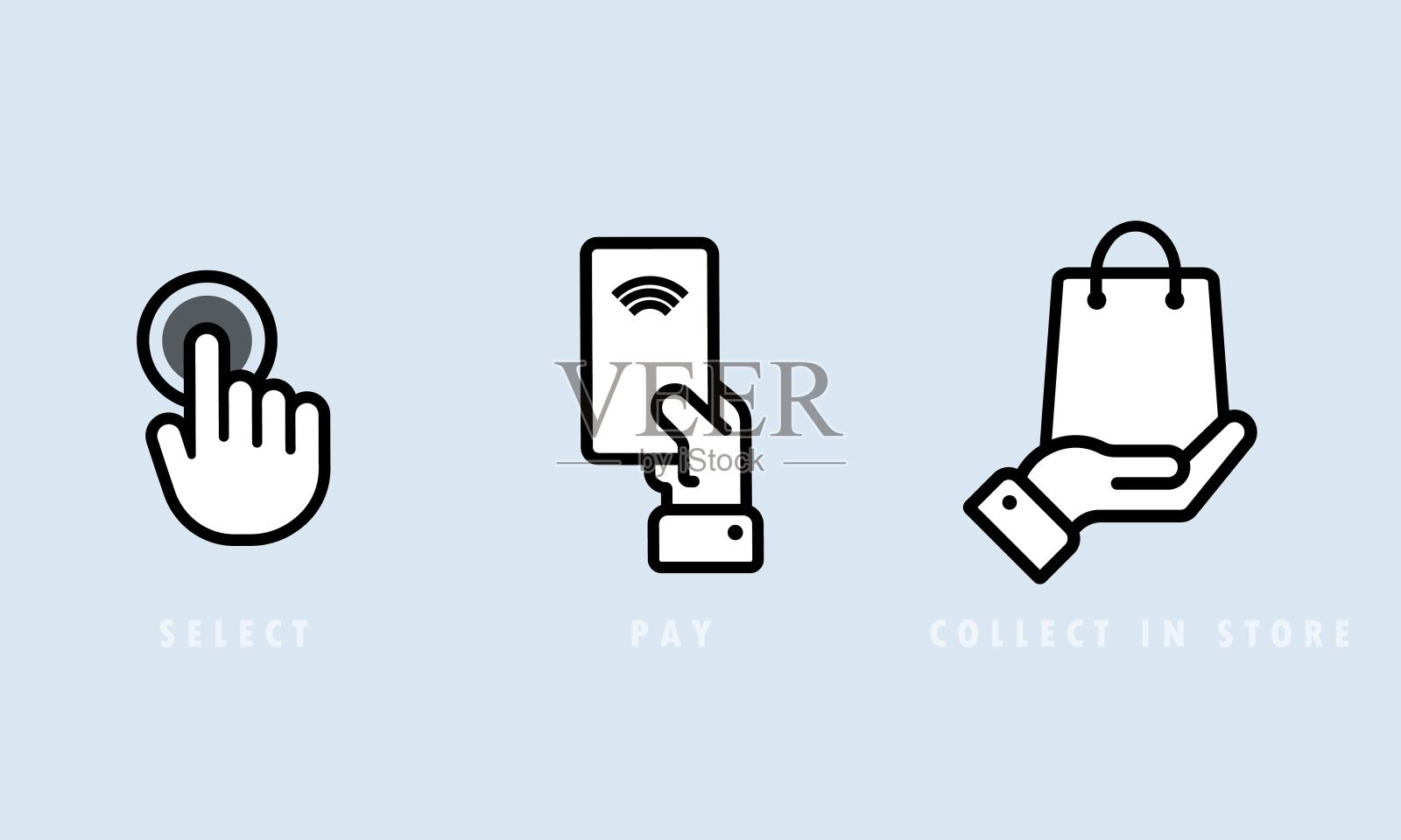 选择，支付和收集在商店图标集。无现金支付向量EPS 10。孤立在背景图标素材