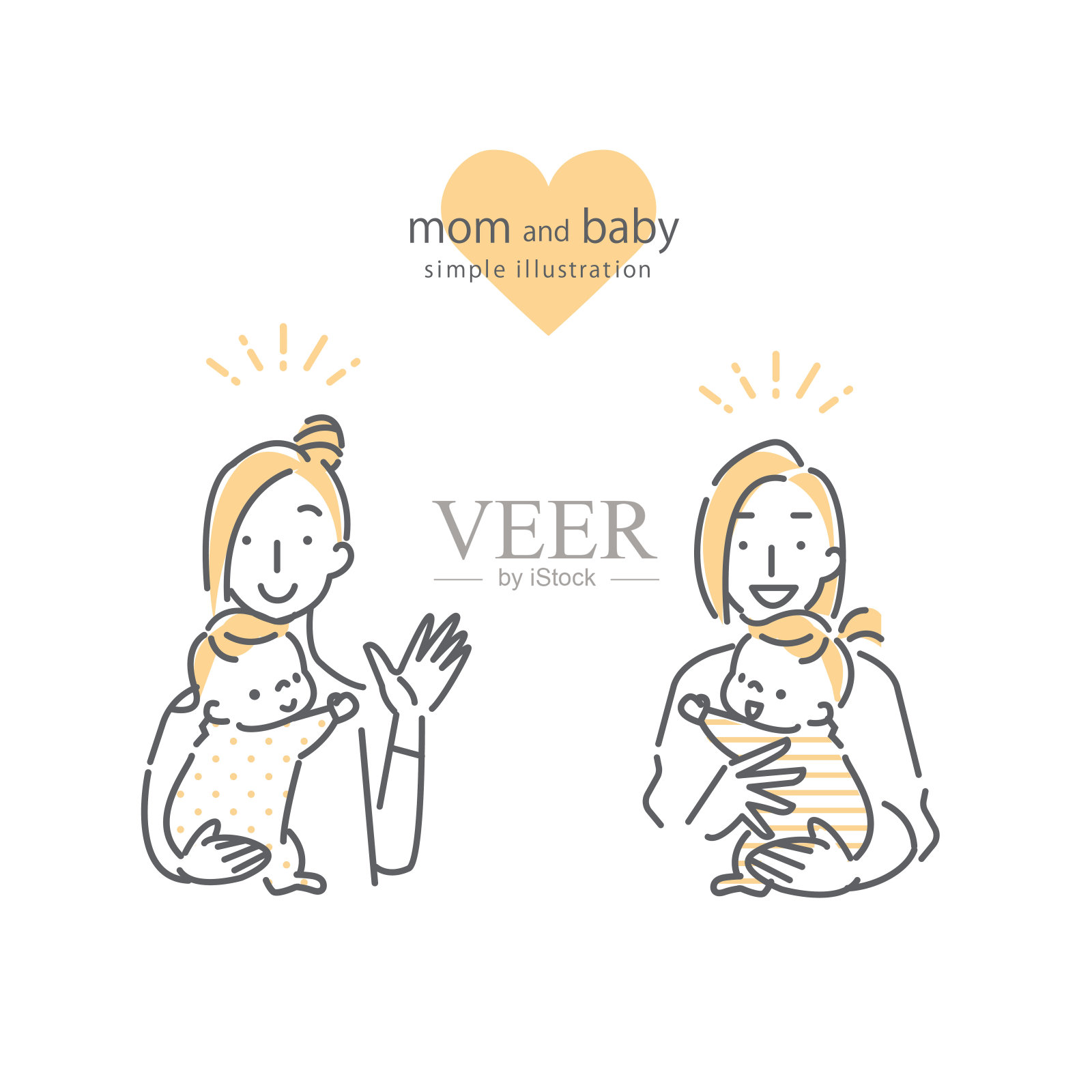 年轻的妈妈和她的孩子，线条艺术，双色插画图片素材
