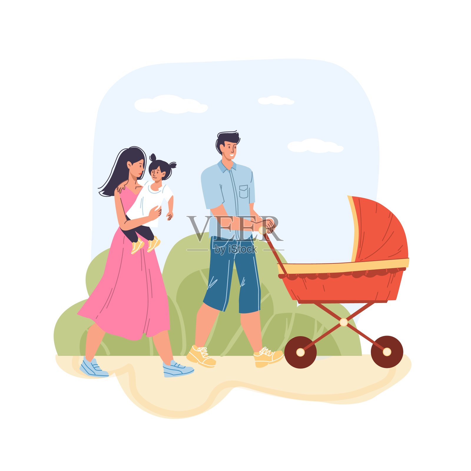 平面卡通家庭人物与婴儿车矢量插图的概念插画图片素材