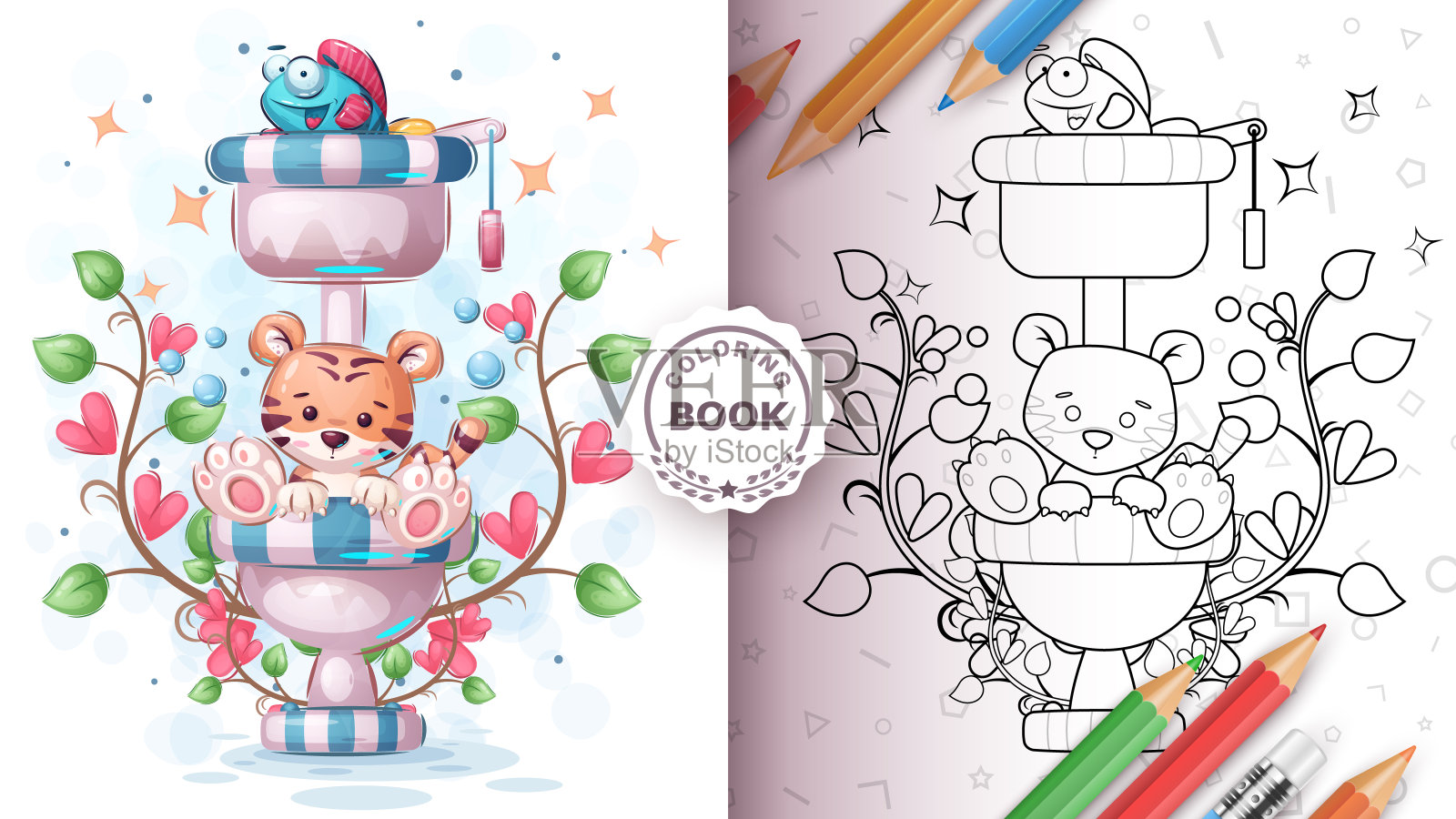 老虎和鱼在厕所着色页上插画图片素材